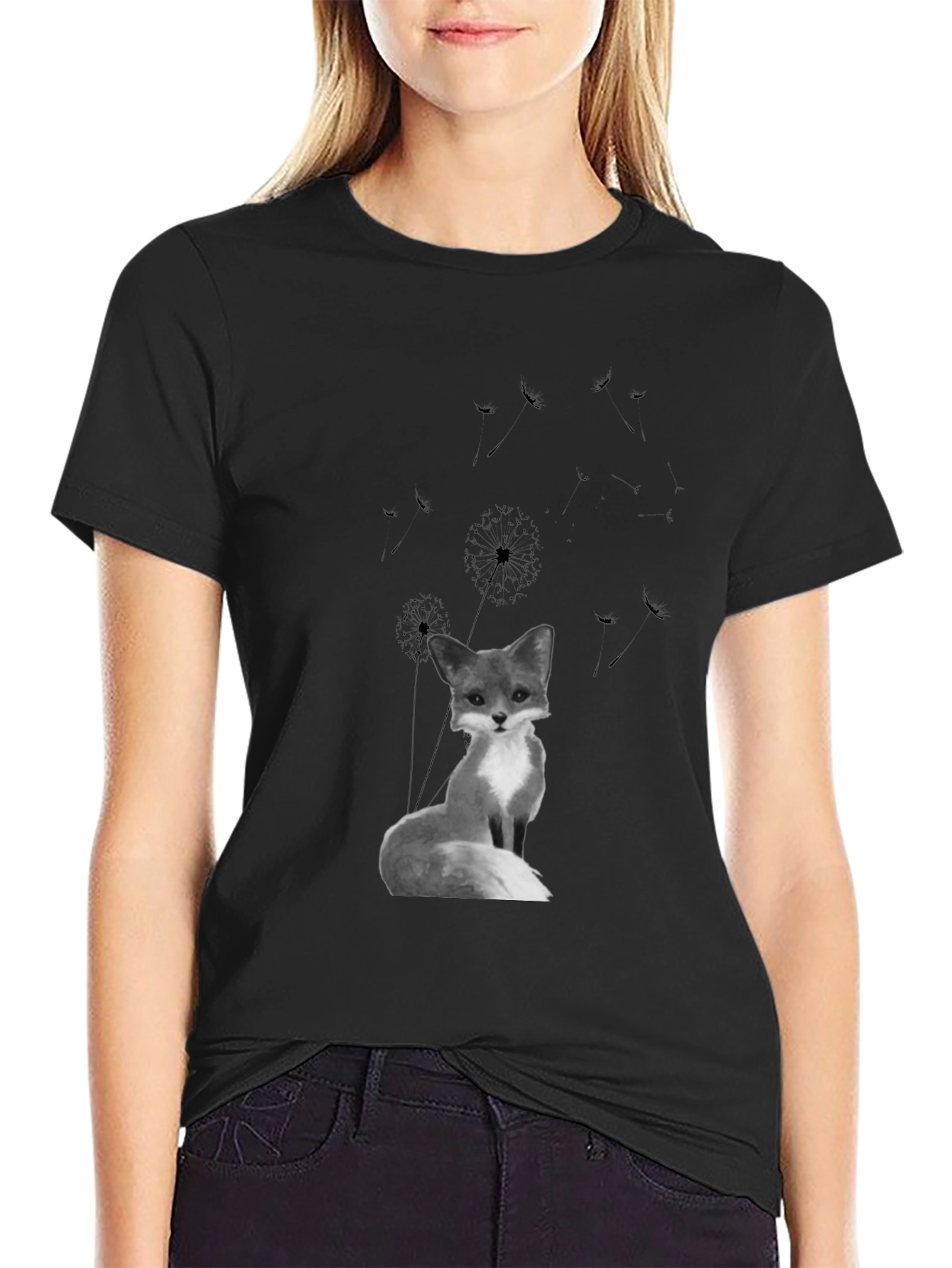 Black Fox & Dandelion Graphic Tee - Black Cotton Blend Shirt view 2