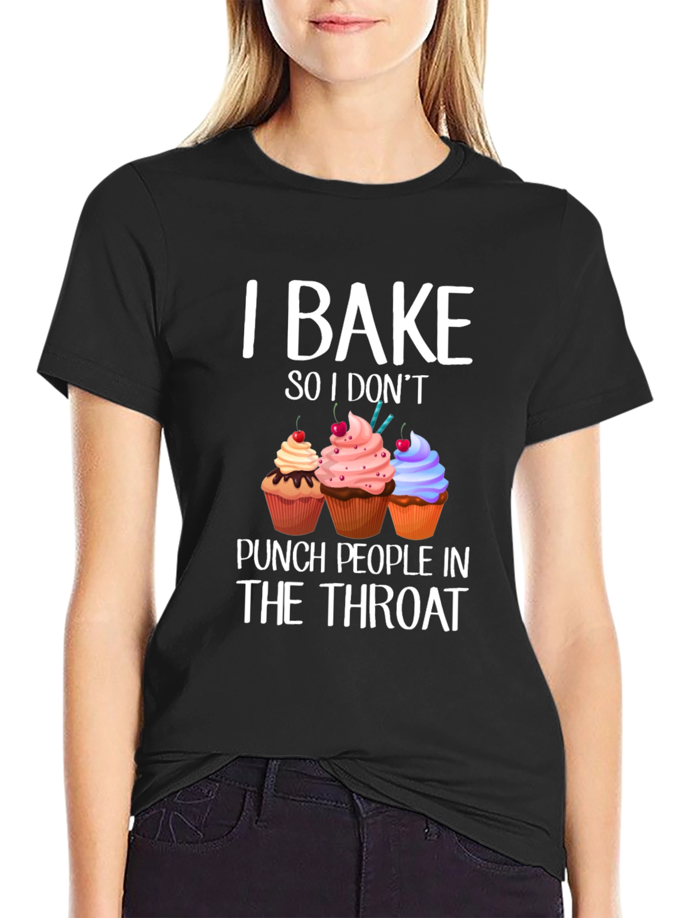 Black Baking Humor T-Shirt - "I Bake So I Don't Punch..." view 2