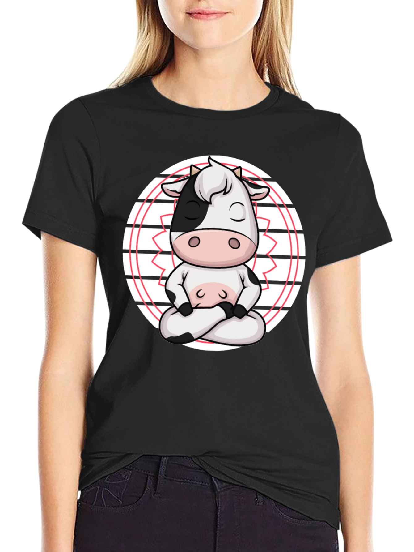 Black Zen Cow T-Shirt - Meditating Cartoon Animal Tee view 2