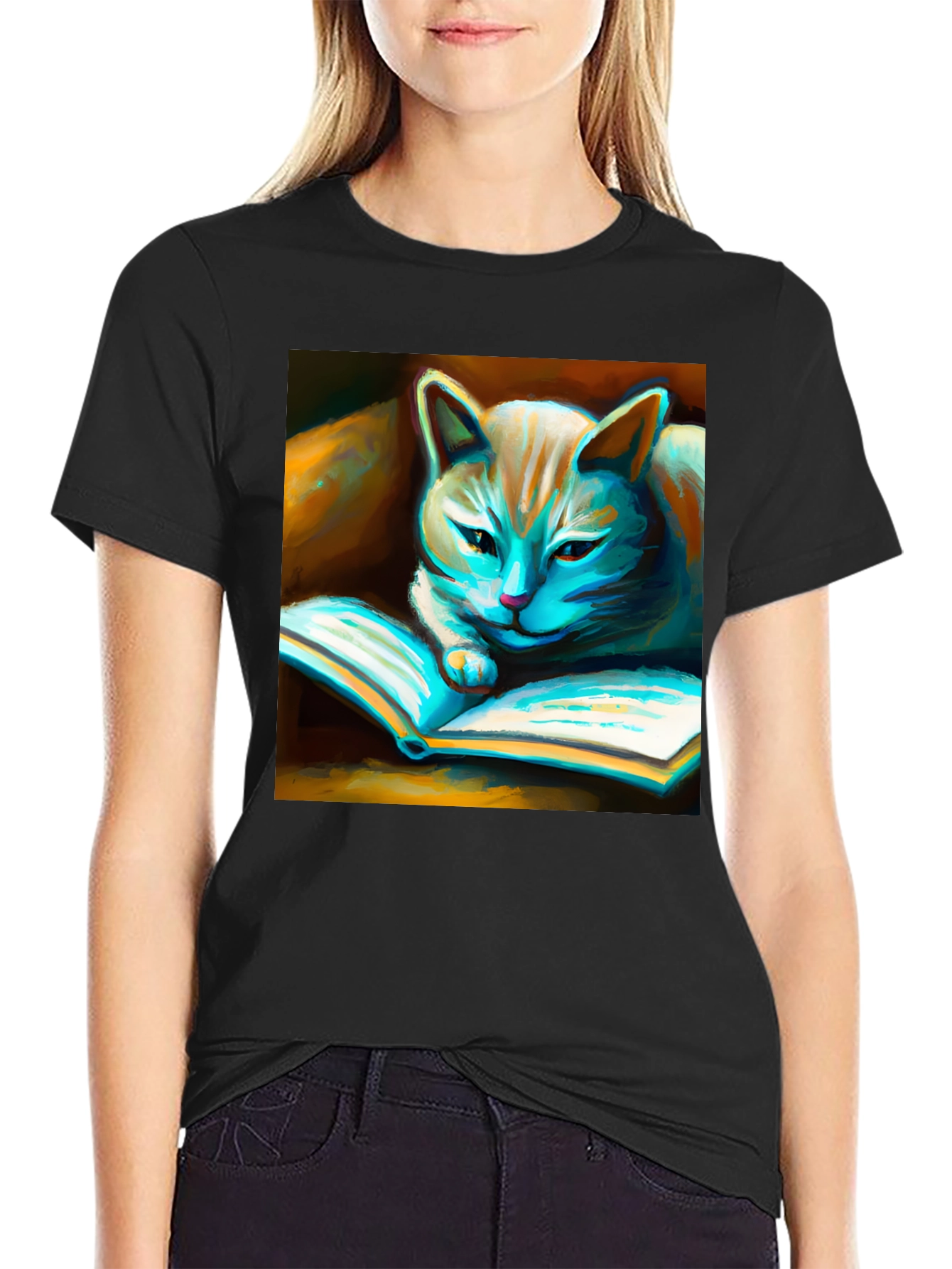 Black Cat Reading Book Graphic T-Shirt view 2