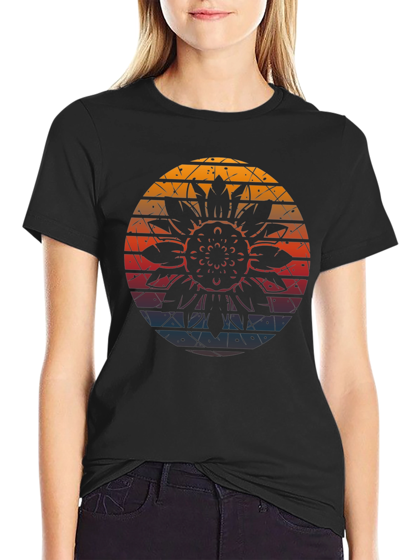 Black Retro Sunflower Graphic Tee - Black Cotton Blend view 2