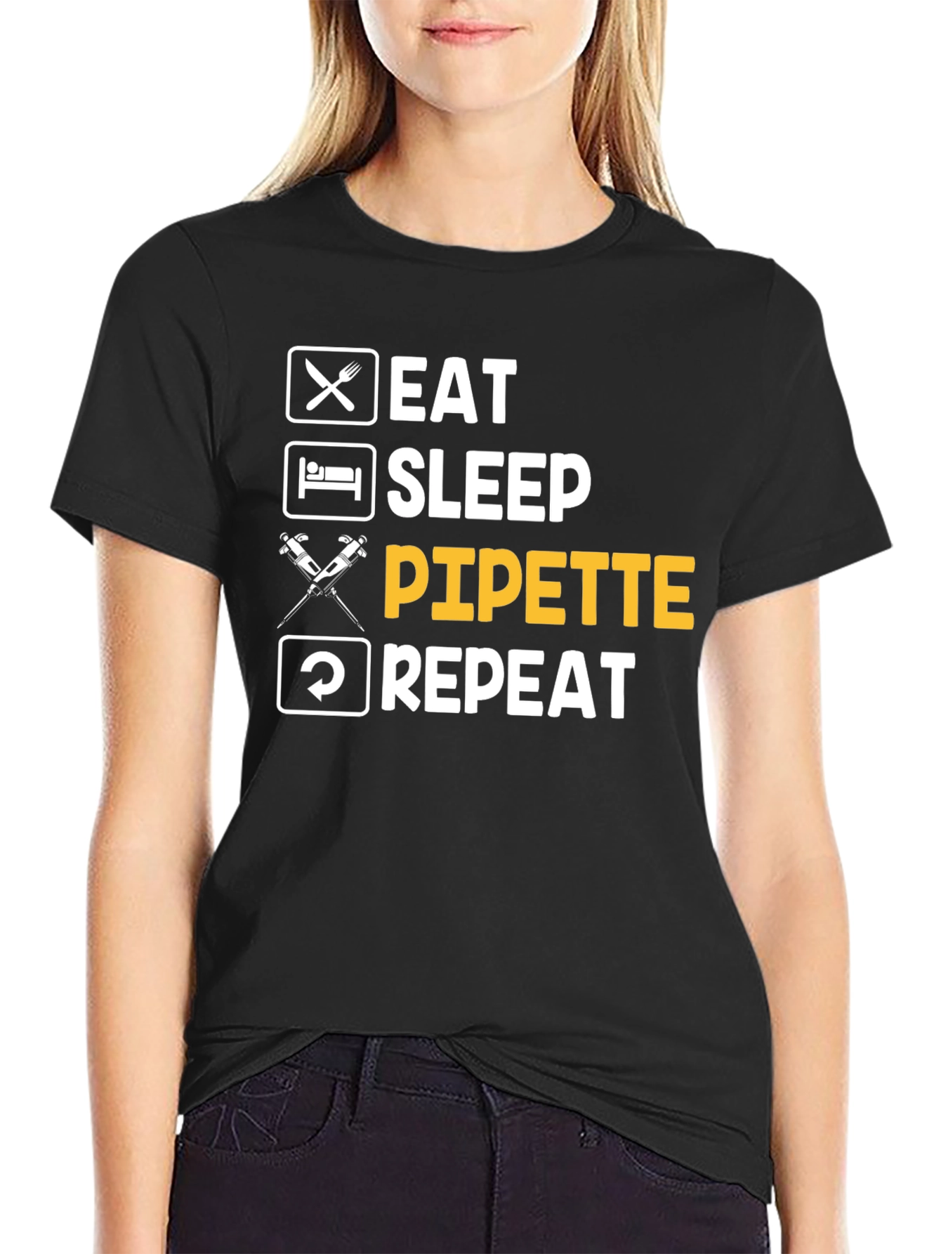 Black Eat Sleep Pipette Repeat Funny Science T-Shirt view 2