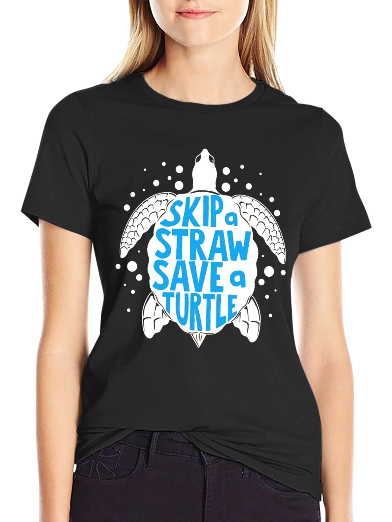 Black Skip a Straw Save a Turtle Graphic Tee - Eco-Friendly view 2