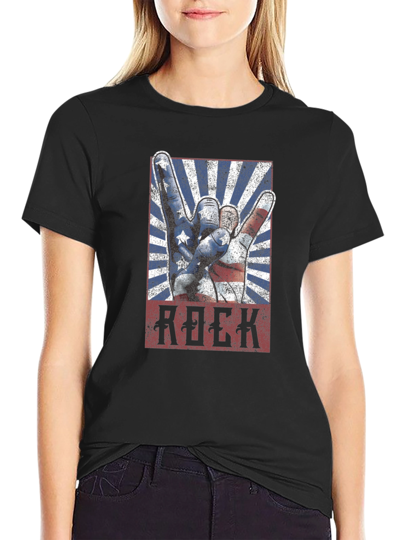 Black American Rock Hand Gesture Graphic T-Shirt view 2