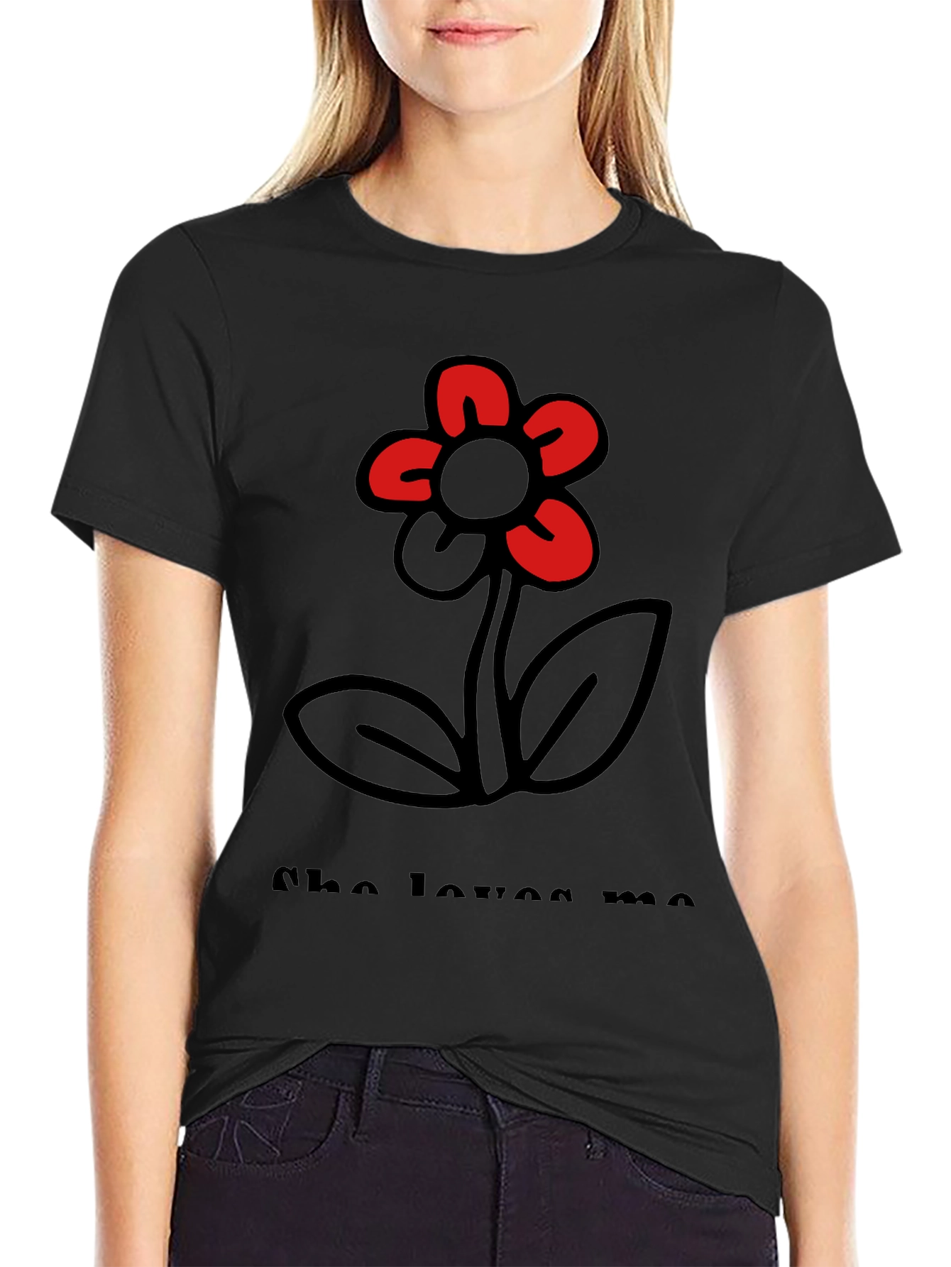 Black She Loves Me T-Shirt with Flower Graphic view 2