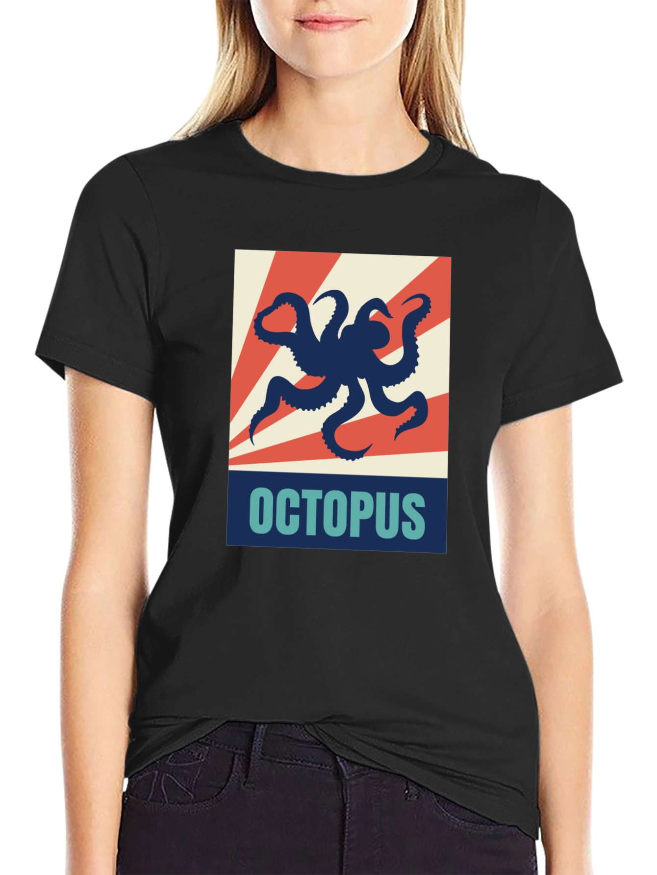 Black Octopus Graphic Print Crew Neck T-Shirt view 2