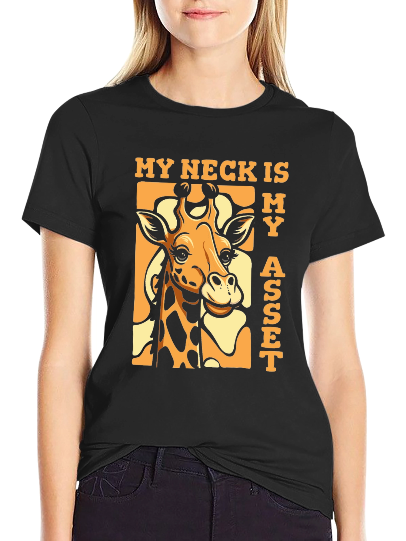 Black Funny Giraffe 'My Neck Is My Asset' T-Shirt view 2