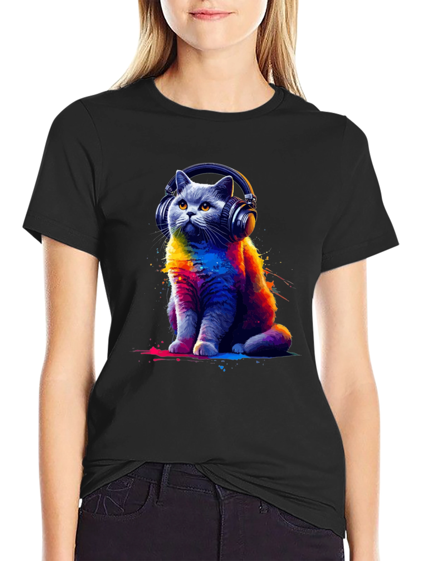 Black Cool Cat Headphones T-Shirt - Colorful Graphic Tee view 2
