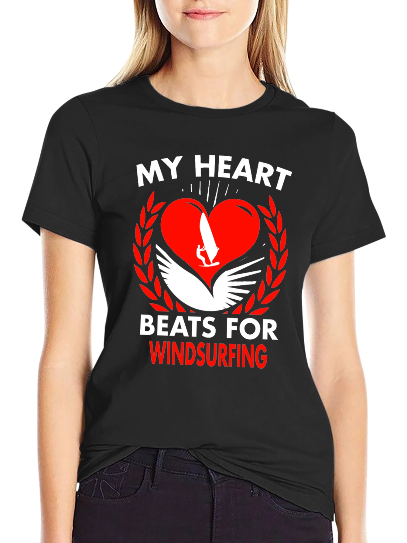 Black Windsurfing Heartbeat T-Shirt - Passionate Watersport Tee view 2