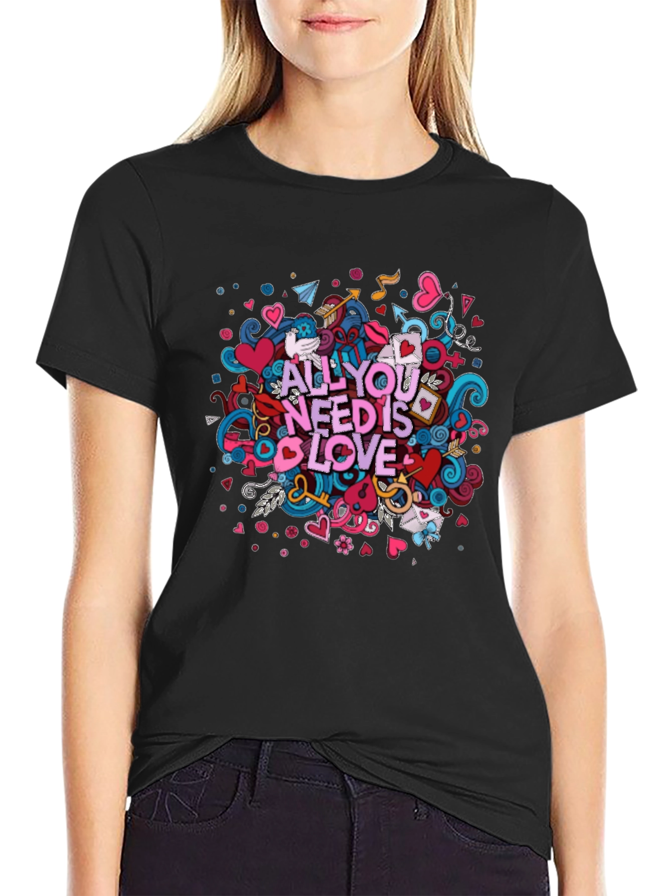 Black All You Need is Love Graphic T-Shirt - Black Cotton Tee view 2