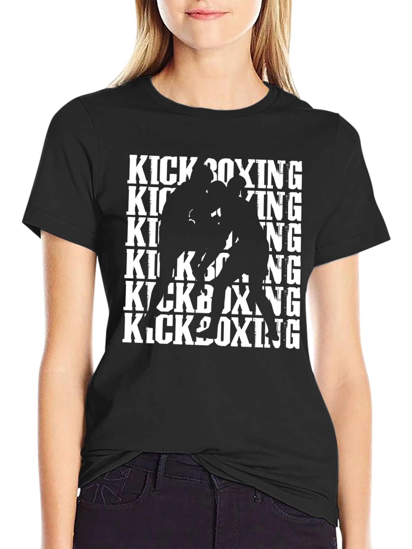 Black Kickboxing Black T-Shirt - Fighter Silhouette Graphic Tee view 2