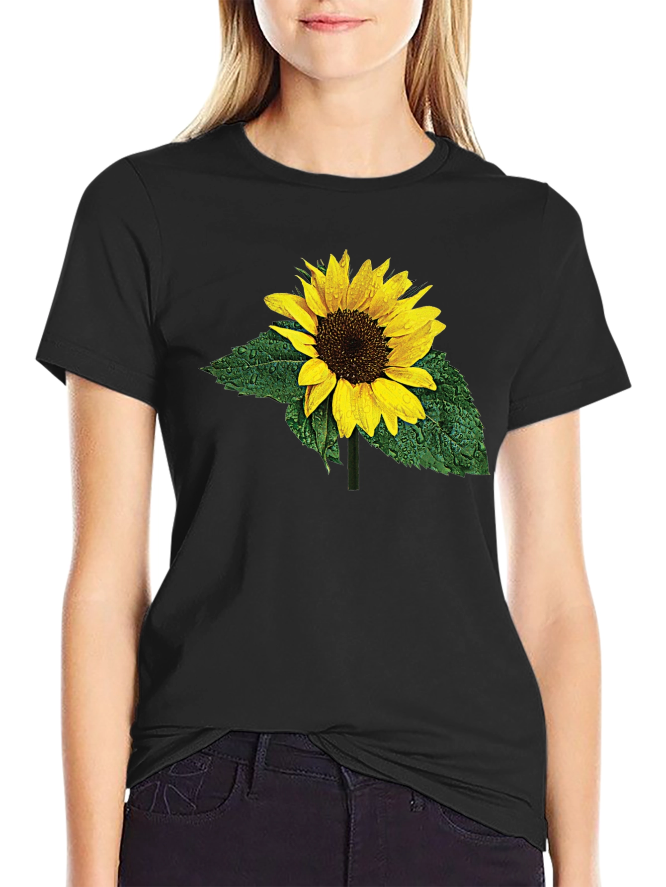 Black Sunflower Print Black T-Shirt view 2