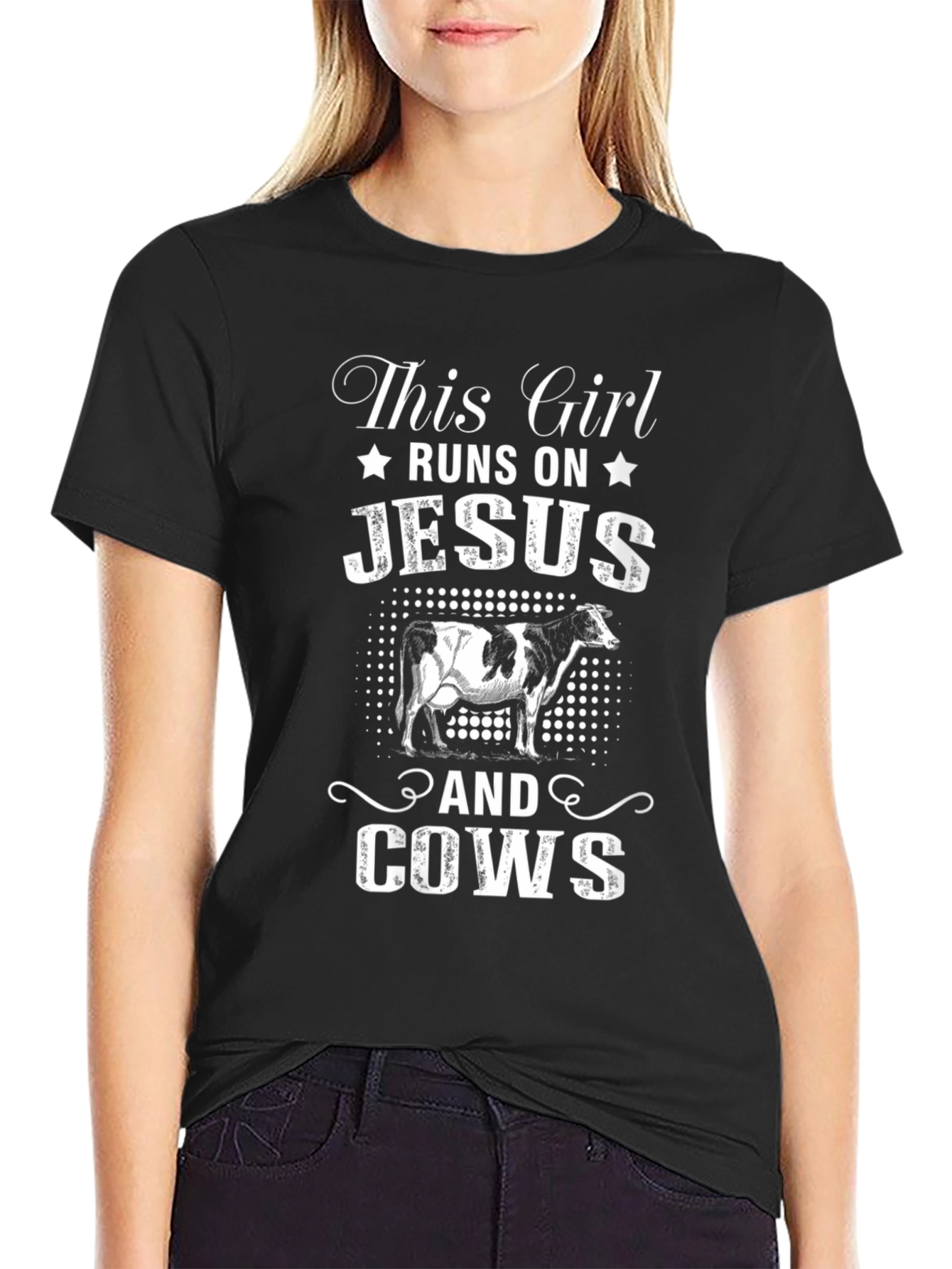 Black This Girl Runs On Jesus and Cows T-Shirt view 2