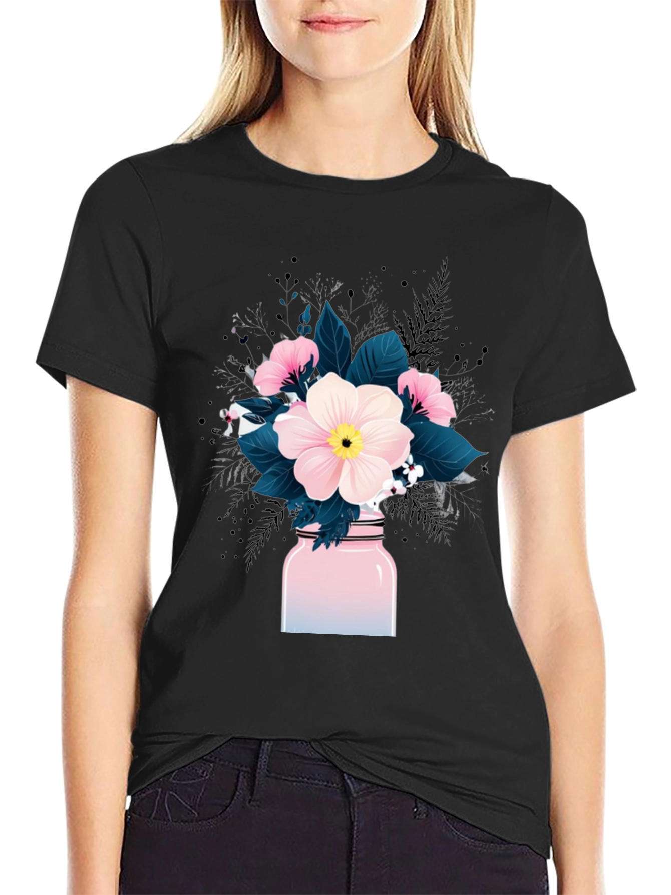Black Floral Mason Jar Graphic Tee - Black Cotton Blend view 2