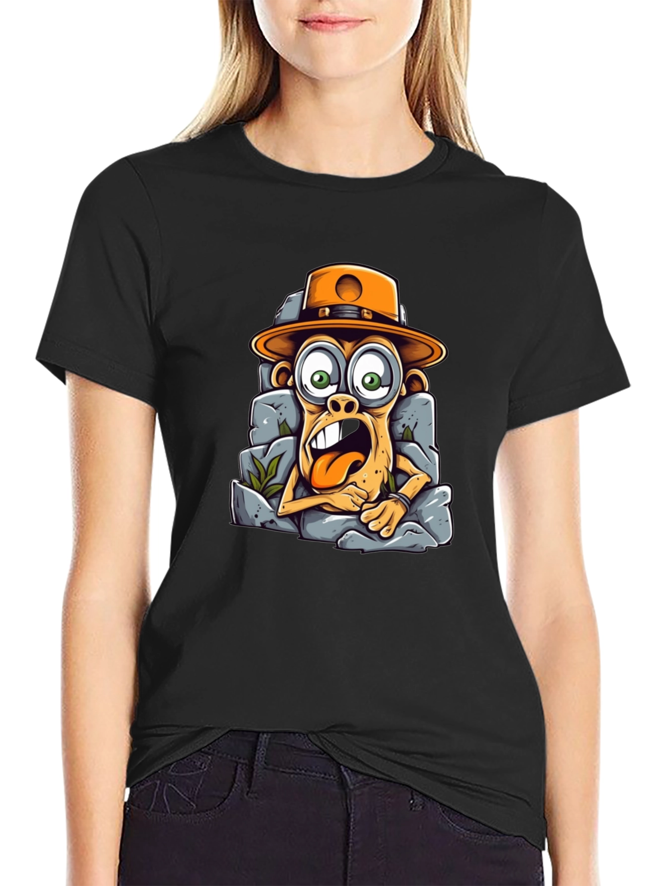 Black Funny Monkey Graphic Tee - Novelty Cartoon T-Shirt view 2