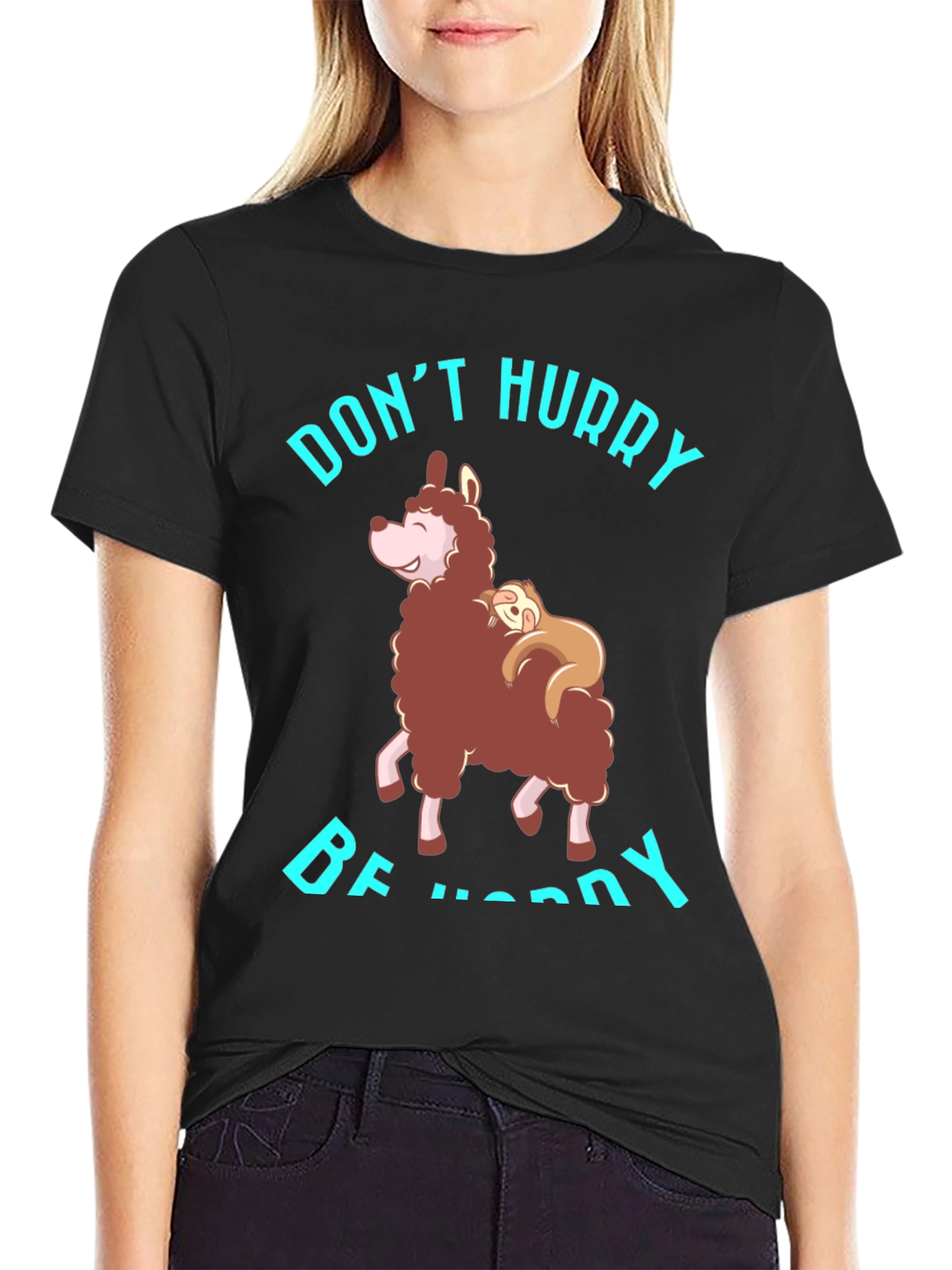 Black Don't Hurry Be Happy Sloth & Llama Graphic Tee view 2