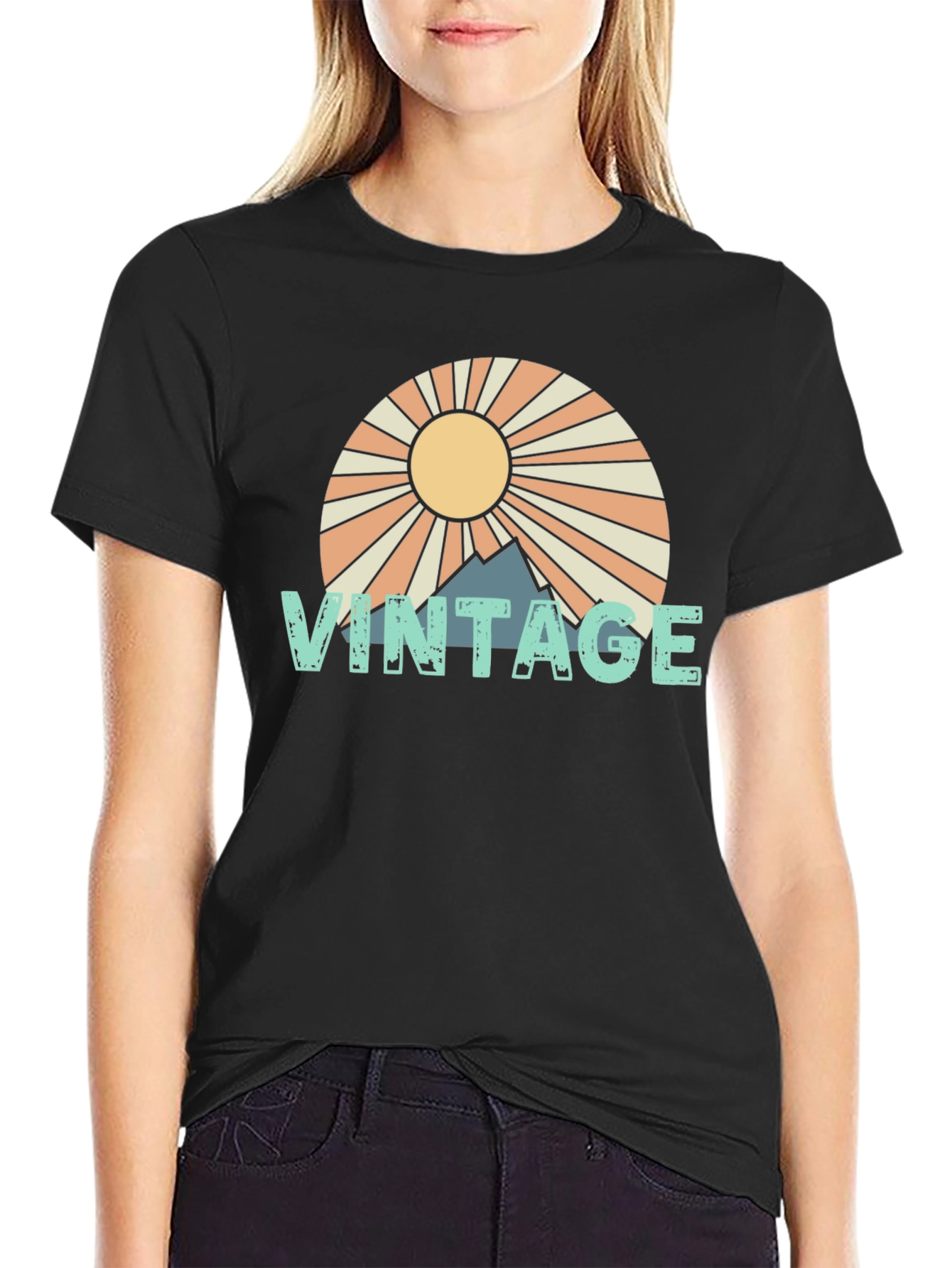 Black Retro Vintage Mountain Sun T-Shirt view 2
