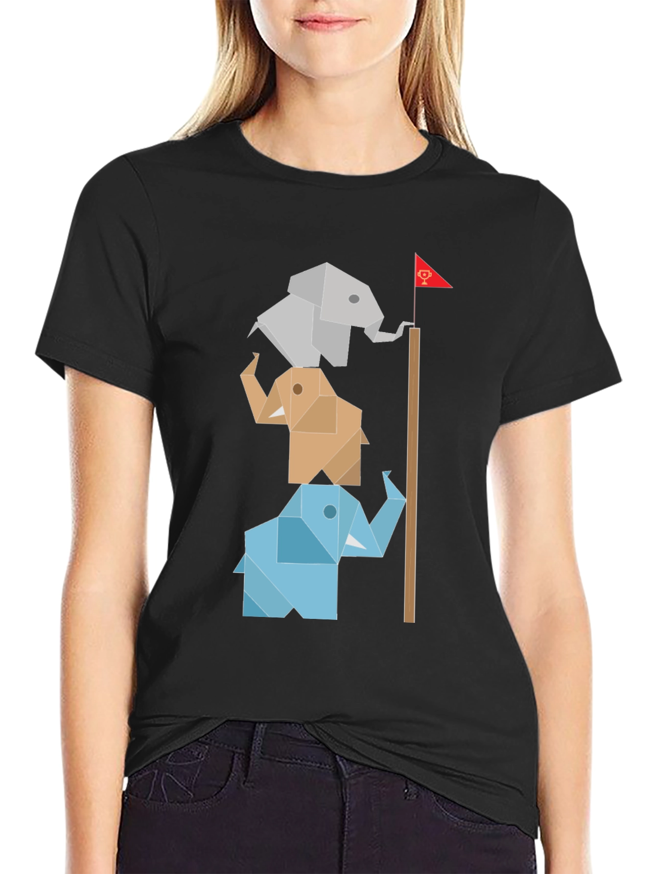 Black Origami Elephant Totem Tee - Unique Graphic Design view 2