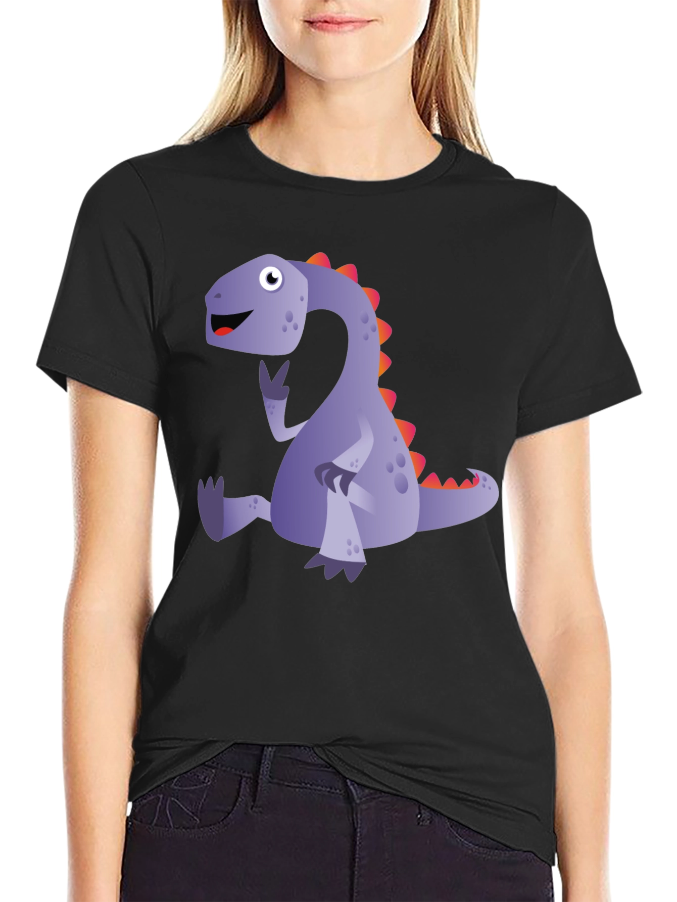 Black Cartoon Dinosaur T-Shirt - Black view 2