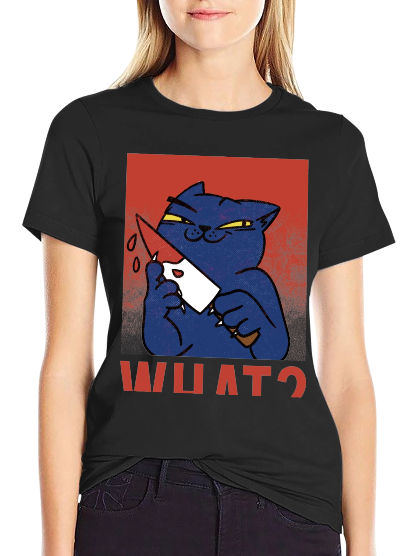 Black Killer Cat Graphic T-Shirt - "WHAT?" Funny Men's Tee view 2