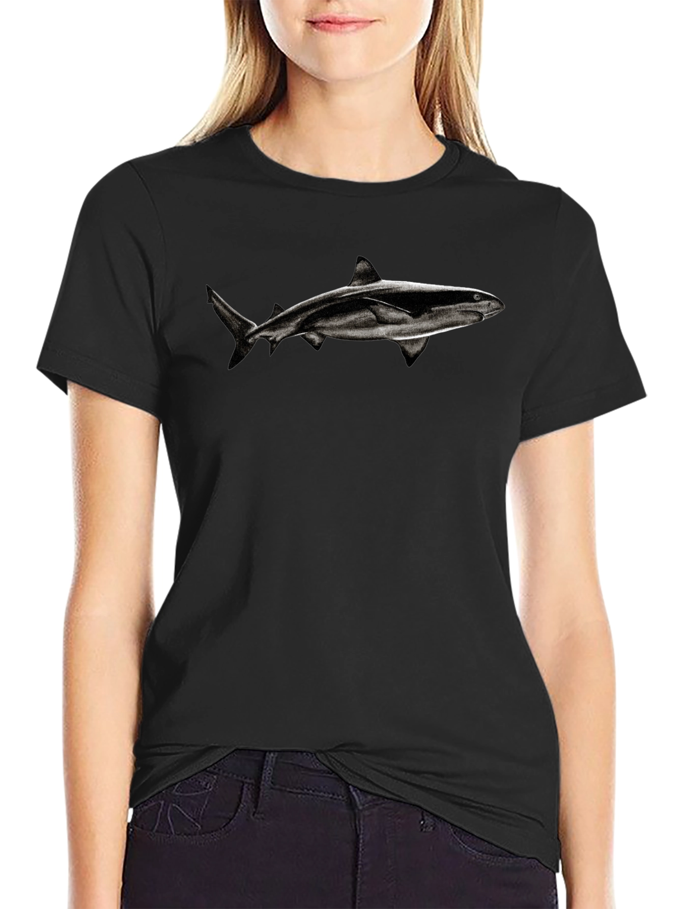 Black Shark Graphic Tee - Black Cotton Blend T-Shirt view 2