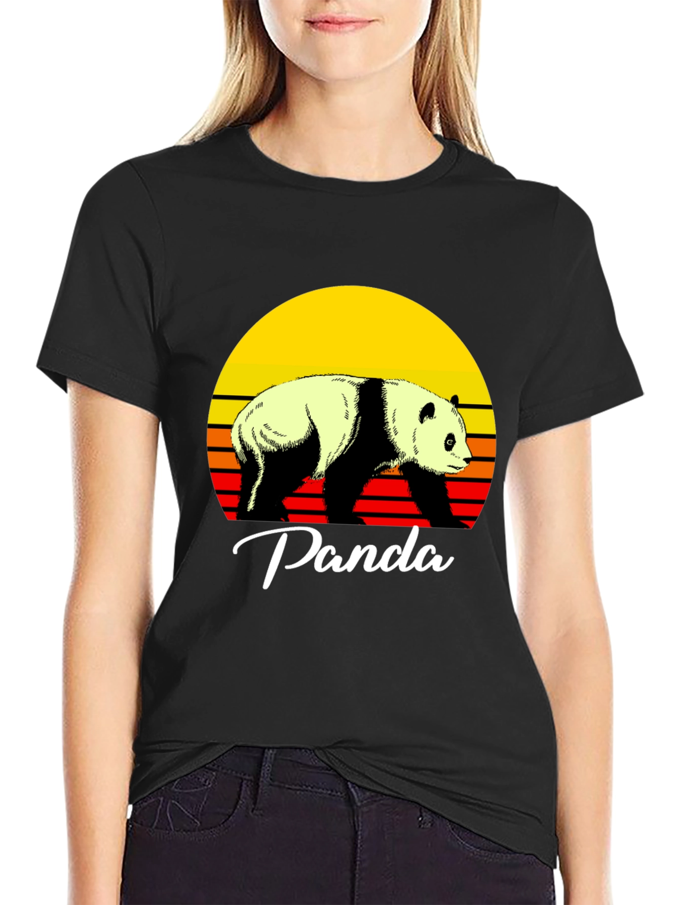 Black Retro Panda Graphic Tee - Sunset Design view 2