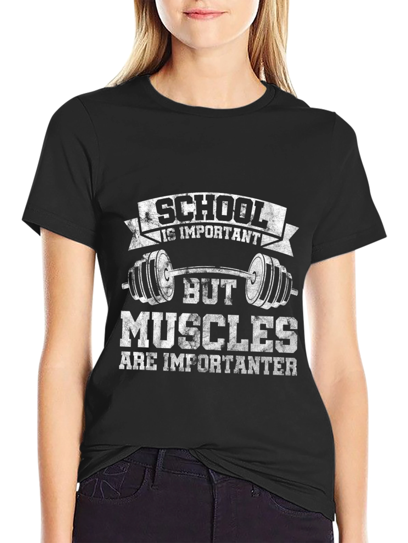 Black School Is Important Muscles Importanter Black T-Shirt view 2