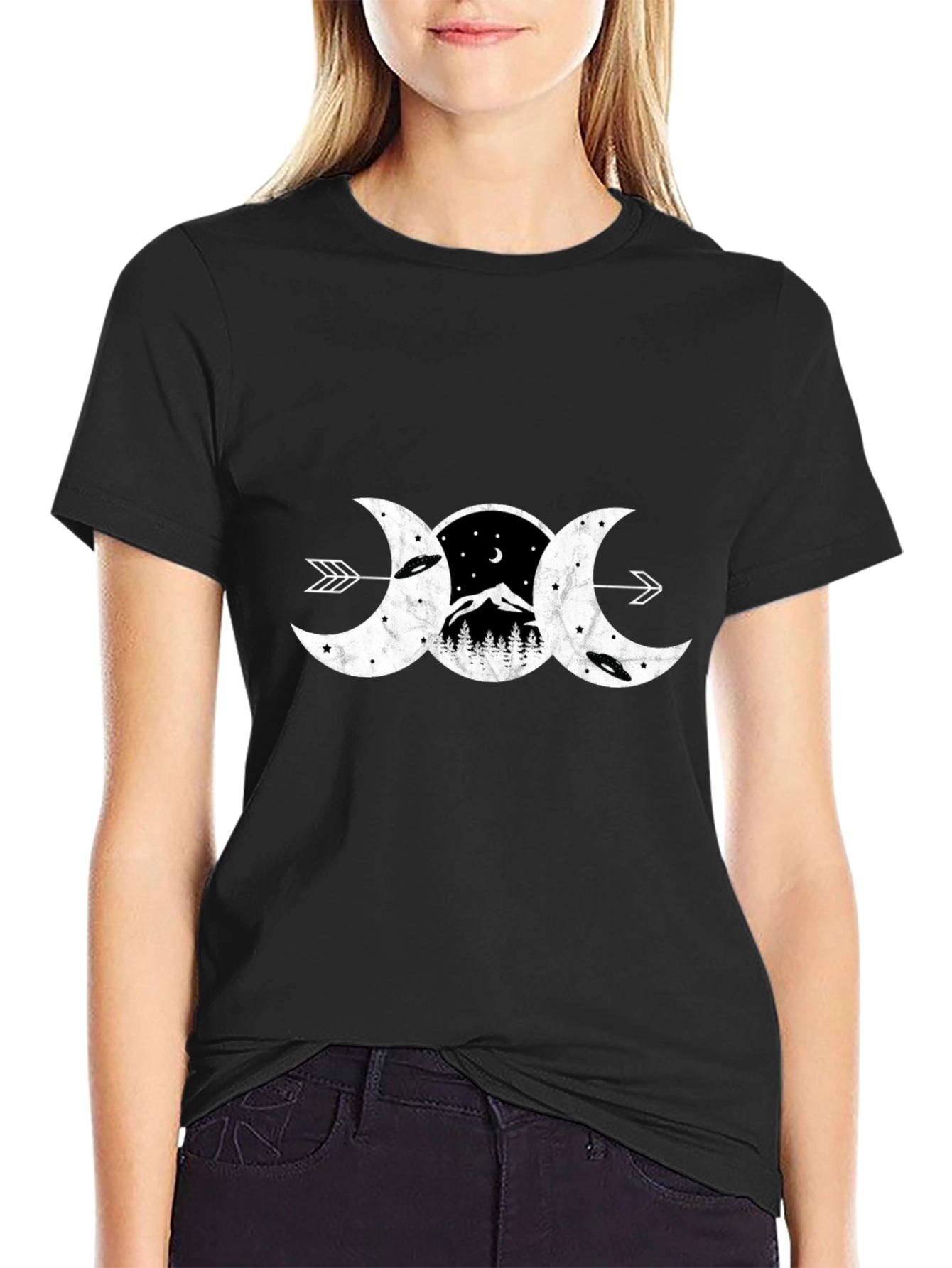 Black Triple Moon Goddess T-Shirt - Celestial Arrow Design view 2