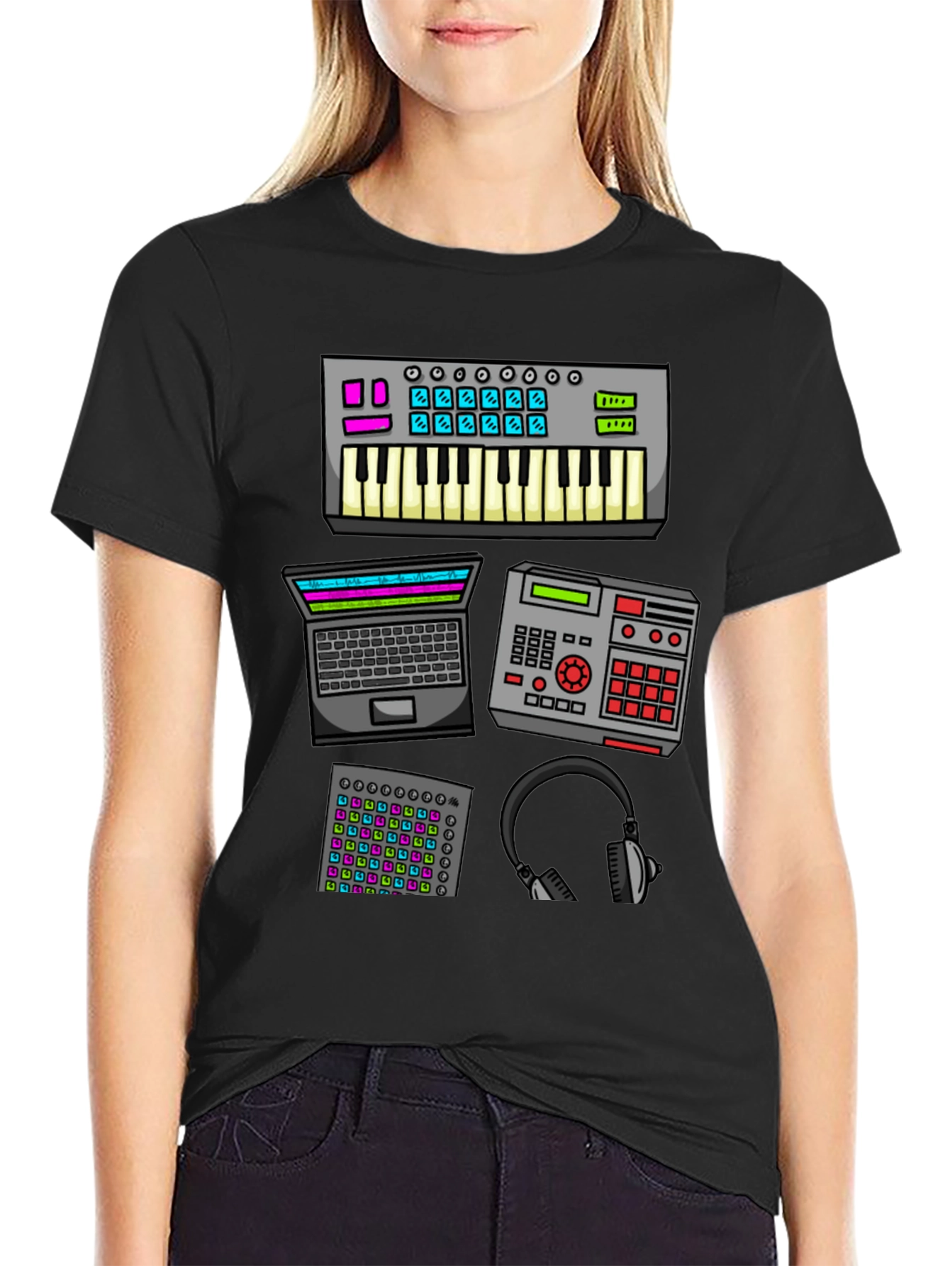 Black Music Producer T-Shirt - Studio Equipment Design view 2