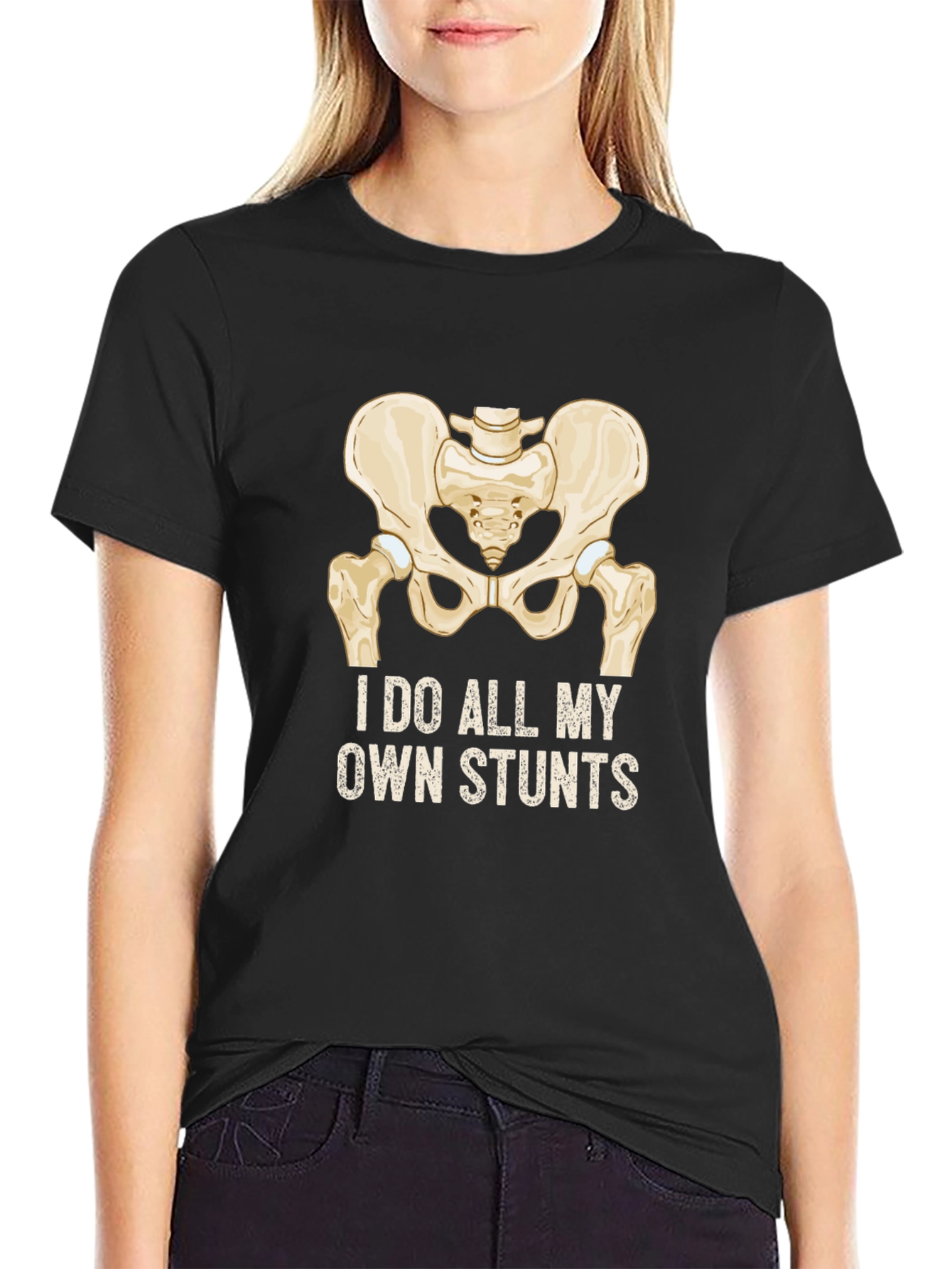 Black I Do All My Own Stunts T-Shirt - Humorous Broken Hip Design view 2