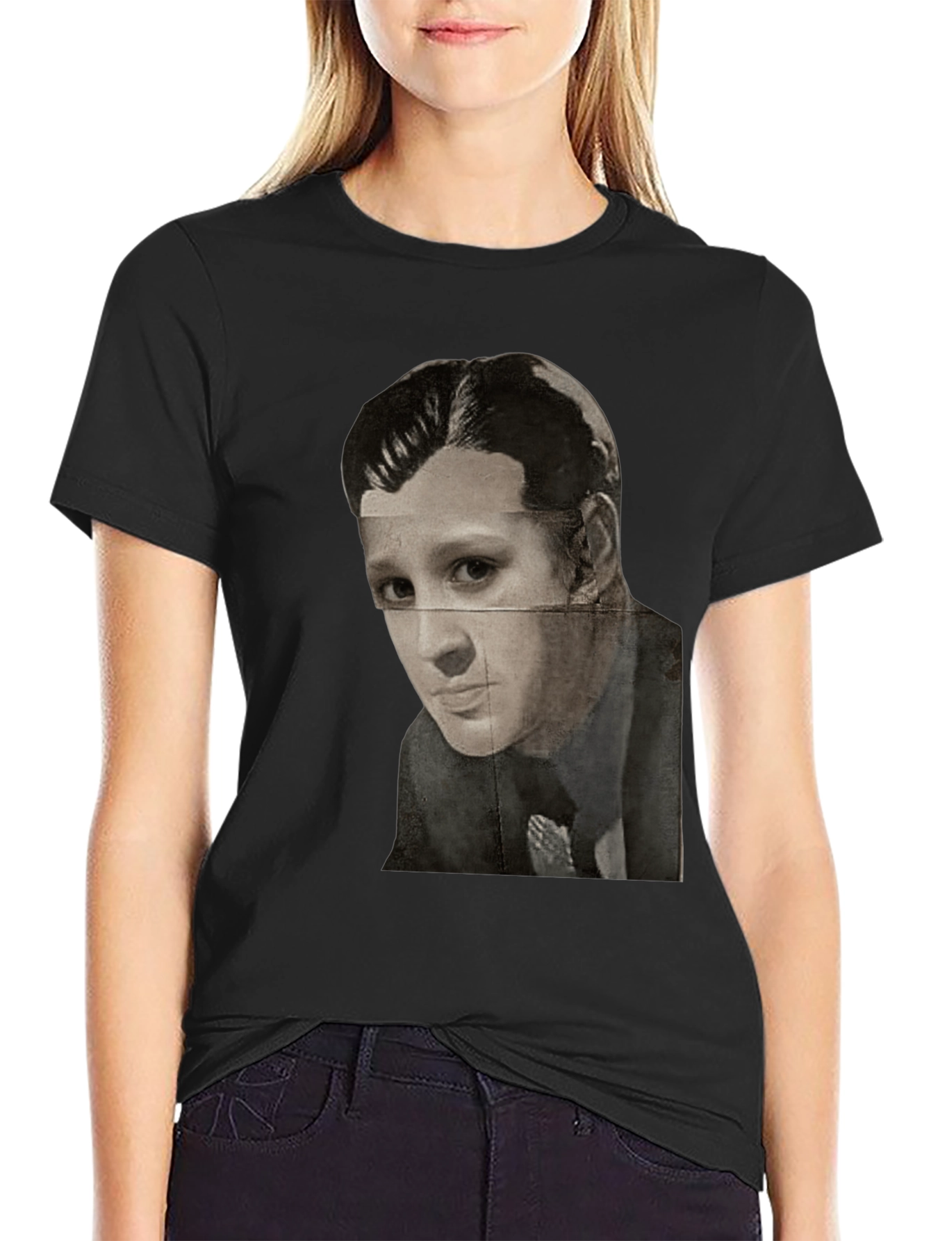 Black Vintage Portrait Graphic Print Black T-Shirt view 2