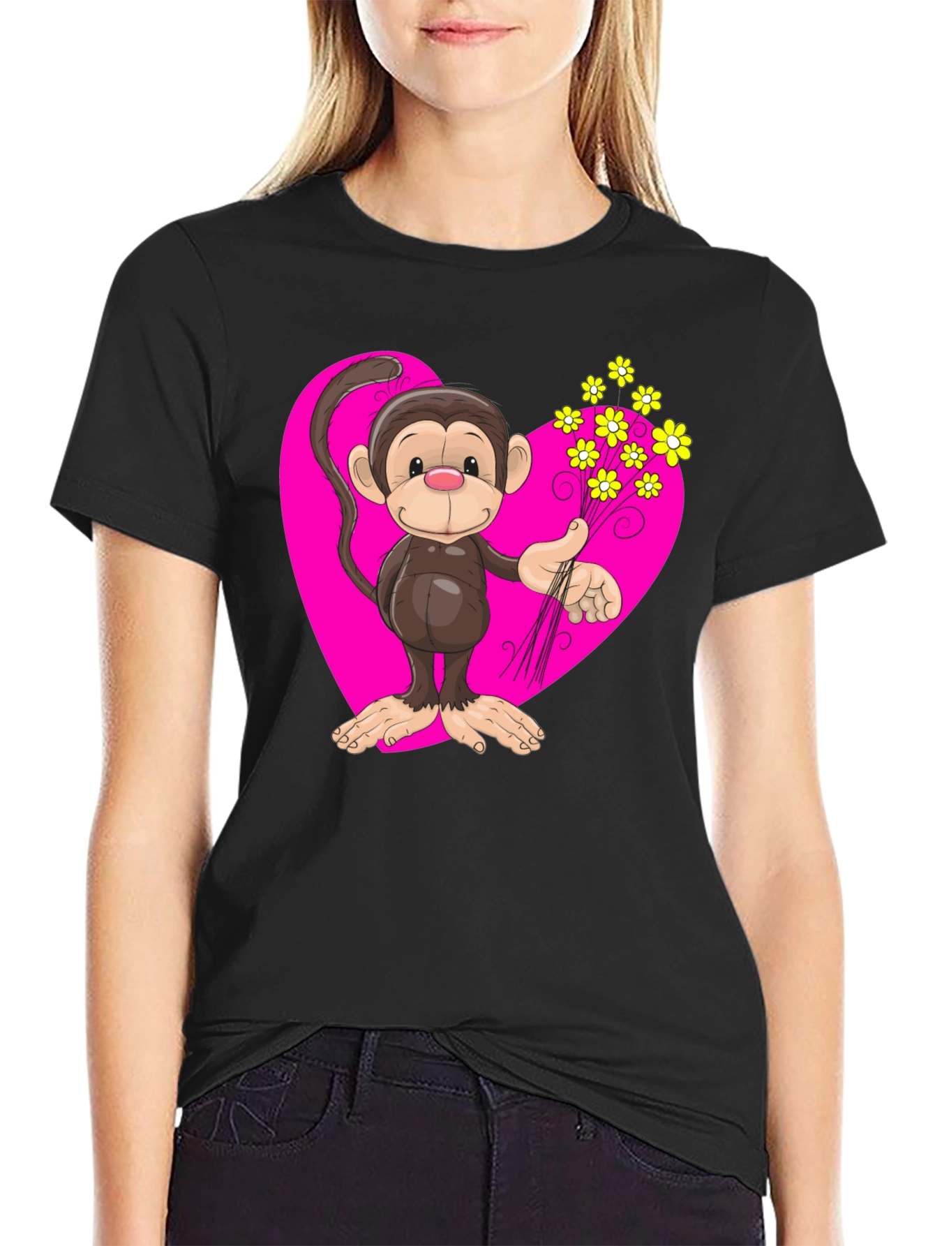 Black Monkey Love T-Shirt - Cartoon Heart Flowers view 2