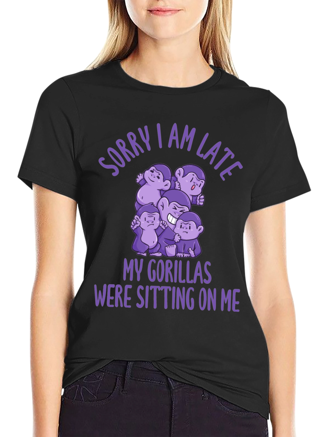 Black Funny Gorilla Graphic Tee - Sorry I Am Late view 2