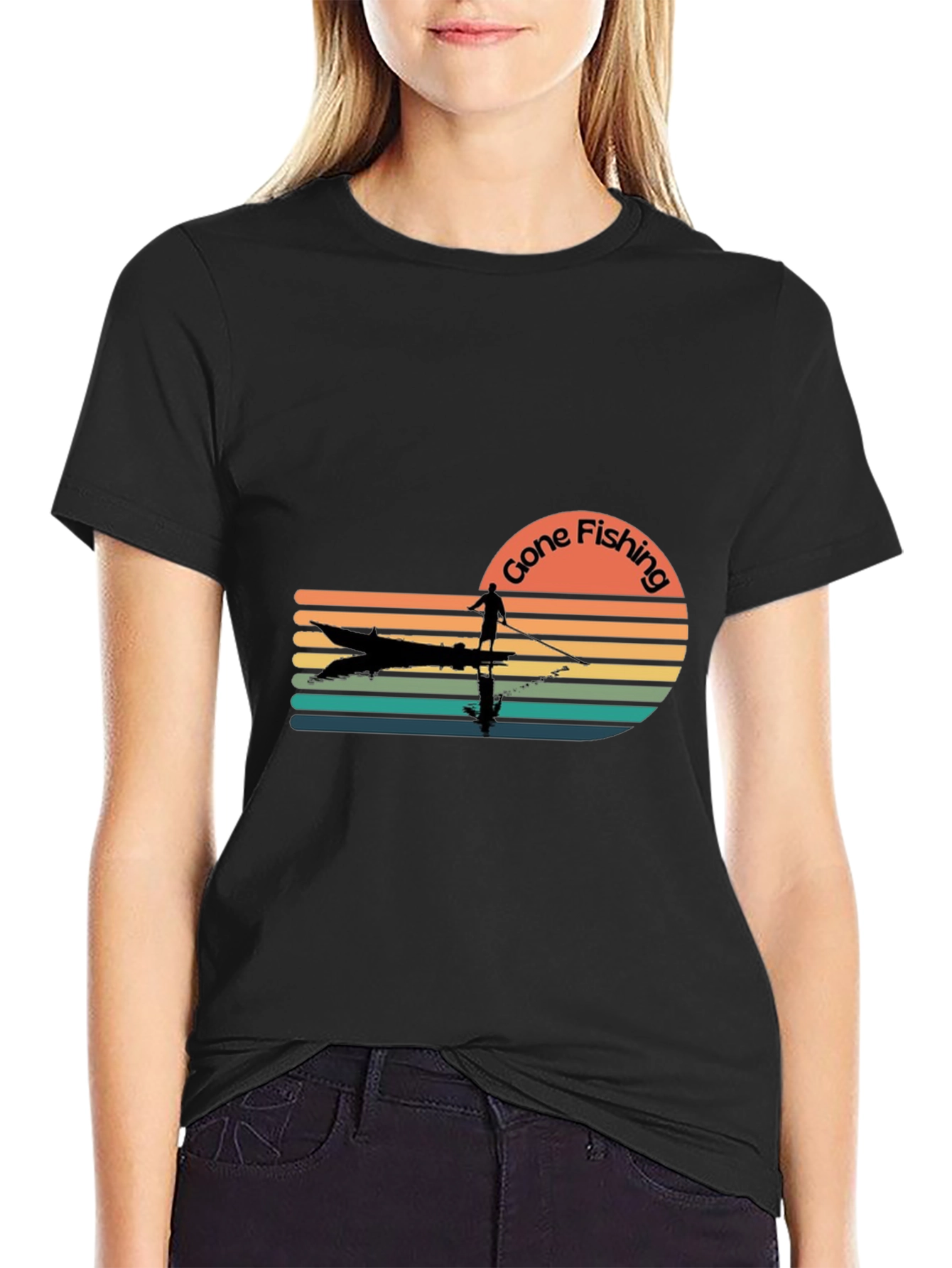 Black Gone Fishing Retro T-Shirt - Angler Design view 2