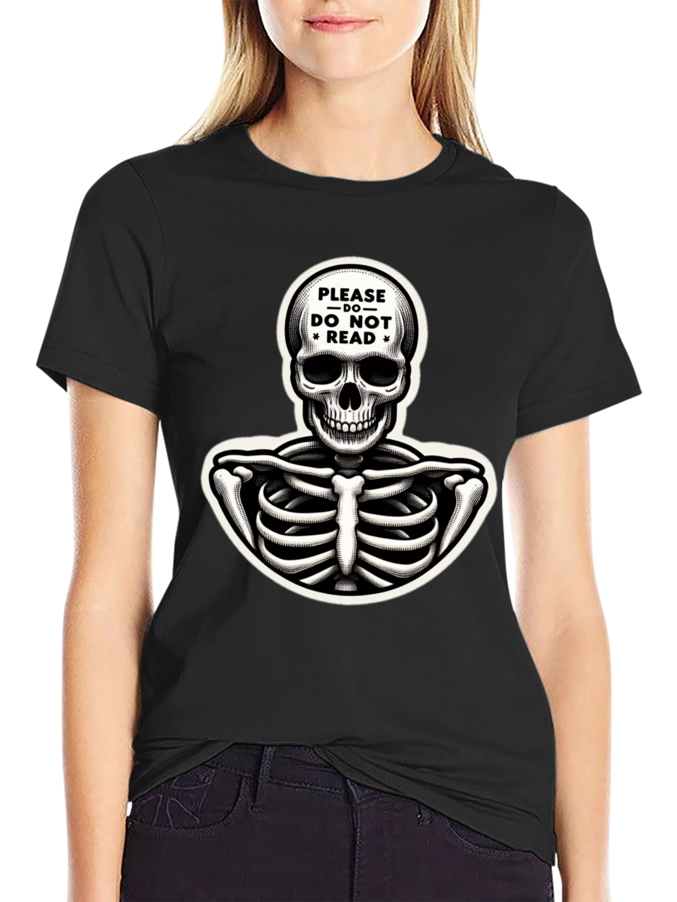 Black Humorous Skeleton Graphic Tee - "Please Do Not Read" view 2