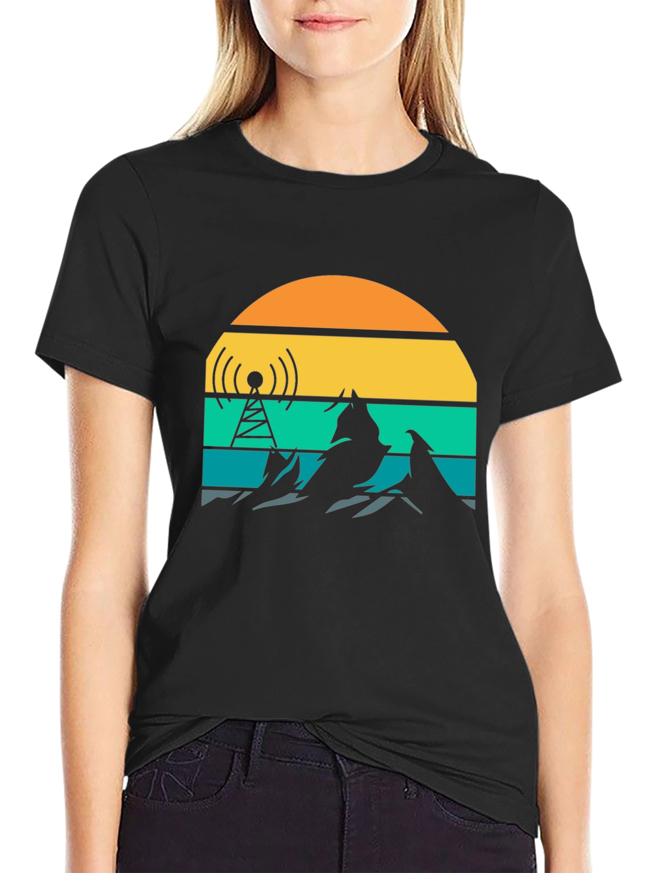 Black Retro Sunset Mountain Radio Tower T-Shirt view 2