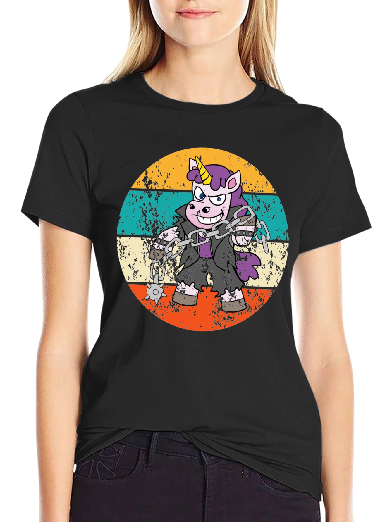Black Retro Zombie Unicorn T-Shirt view 2