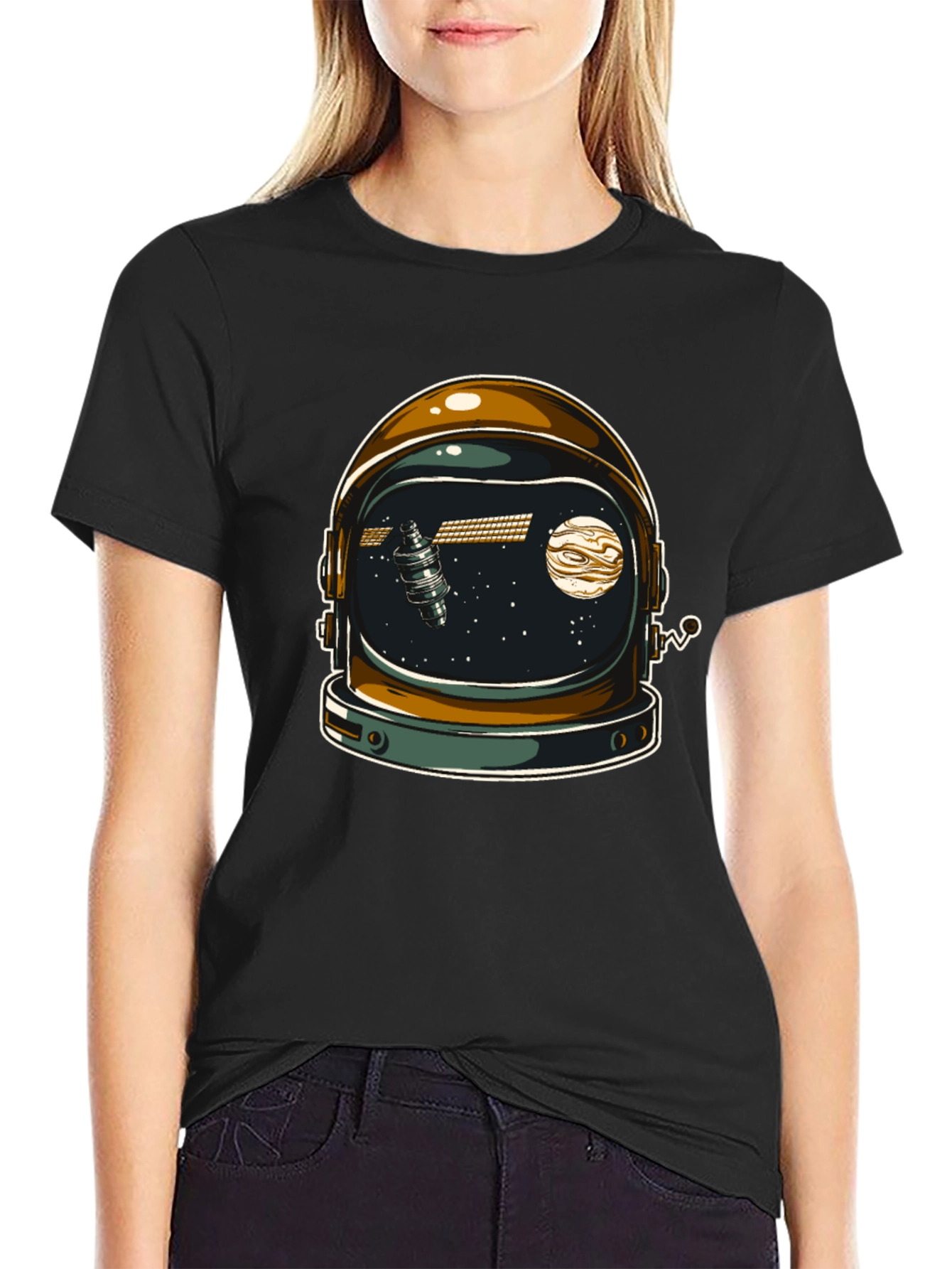 Black Space Helmet Graphic T-Shirt - Black Cotton Blend view 2