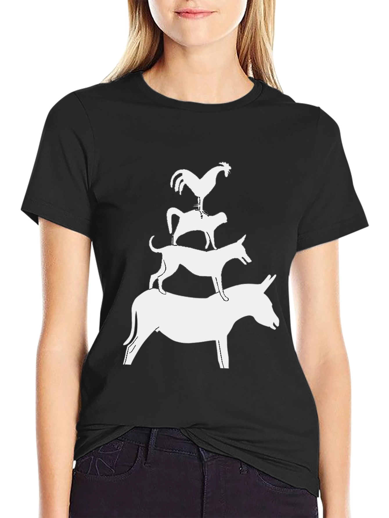 Black Bremen Town Musicians Graphic T-Shirt - Stacked Animal Tee view 2