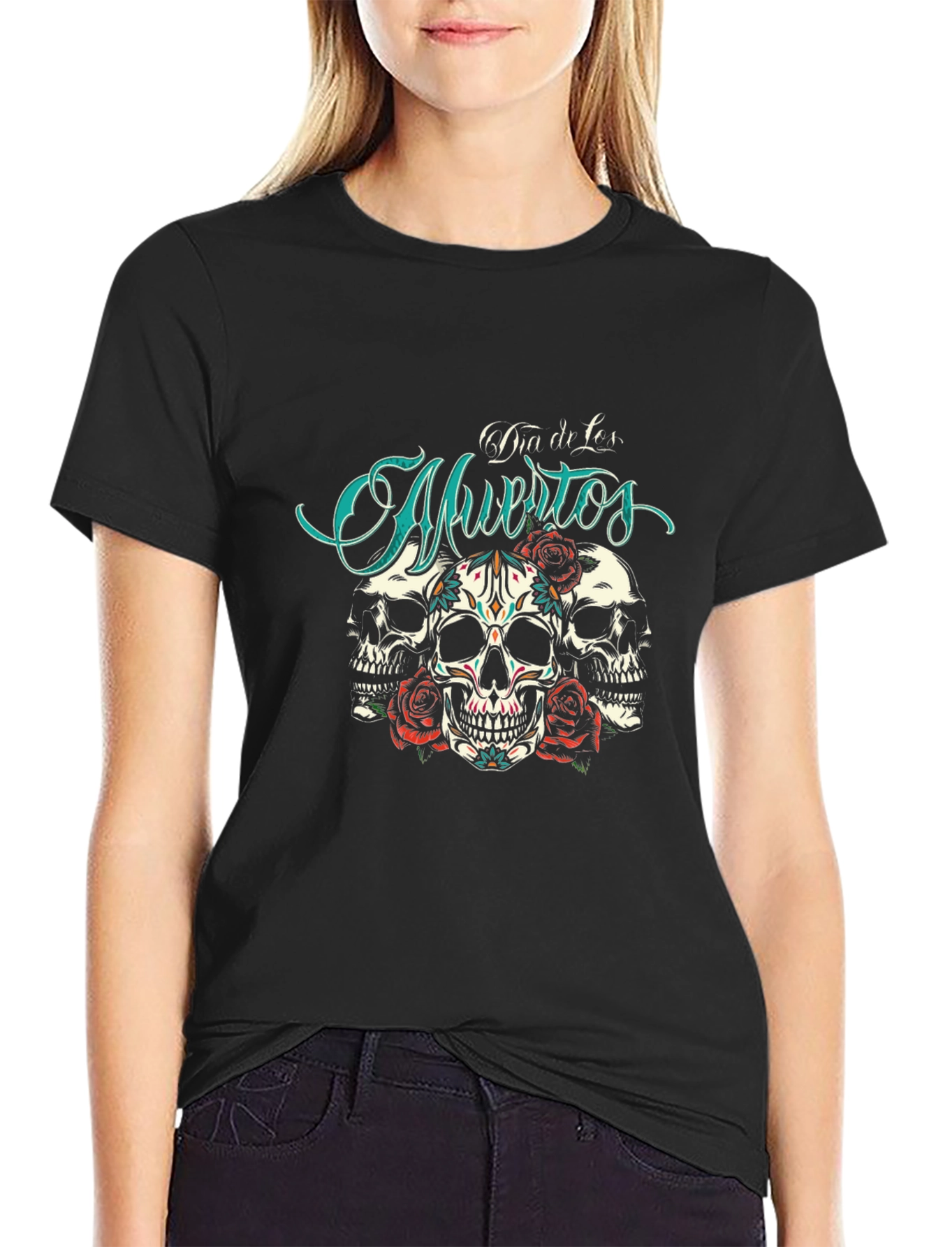 Black Dia de Muertos Skull Rose T-Shirt view 2