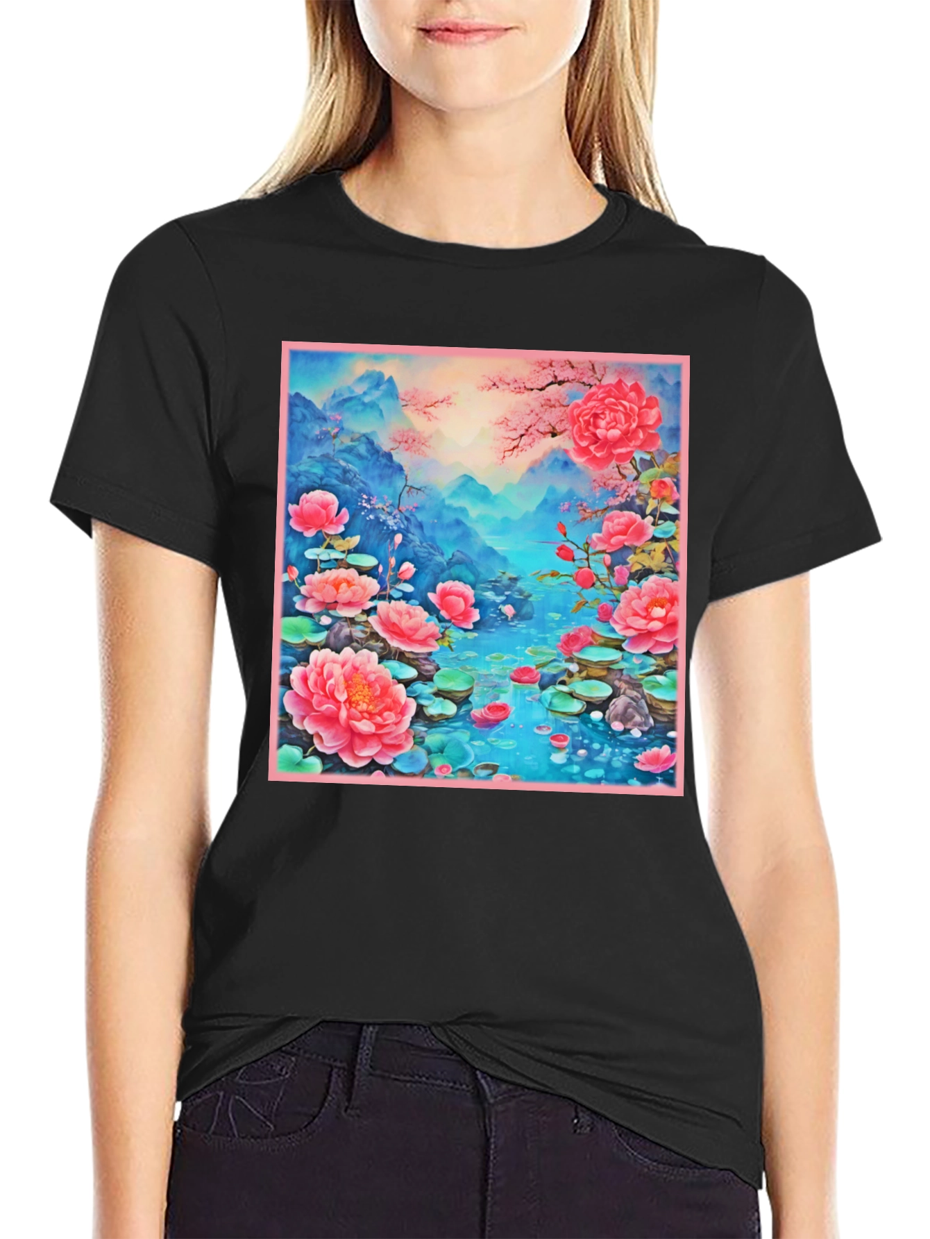 Black Floral Lotus Lake Graphic Tee - Unique Design view 2