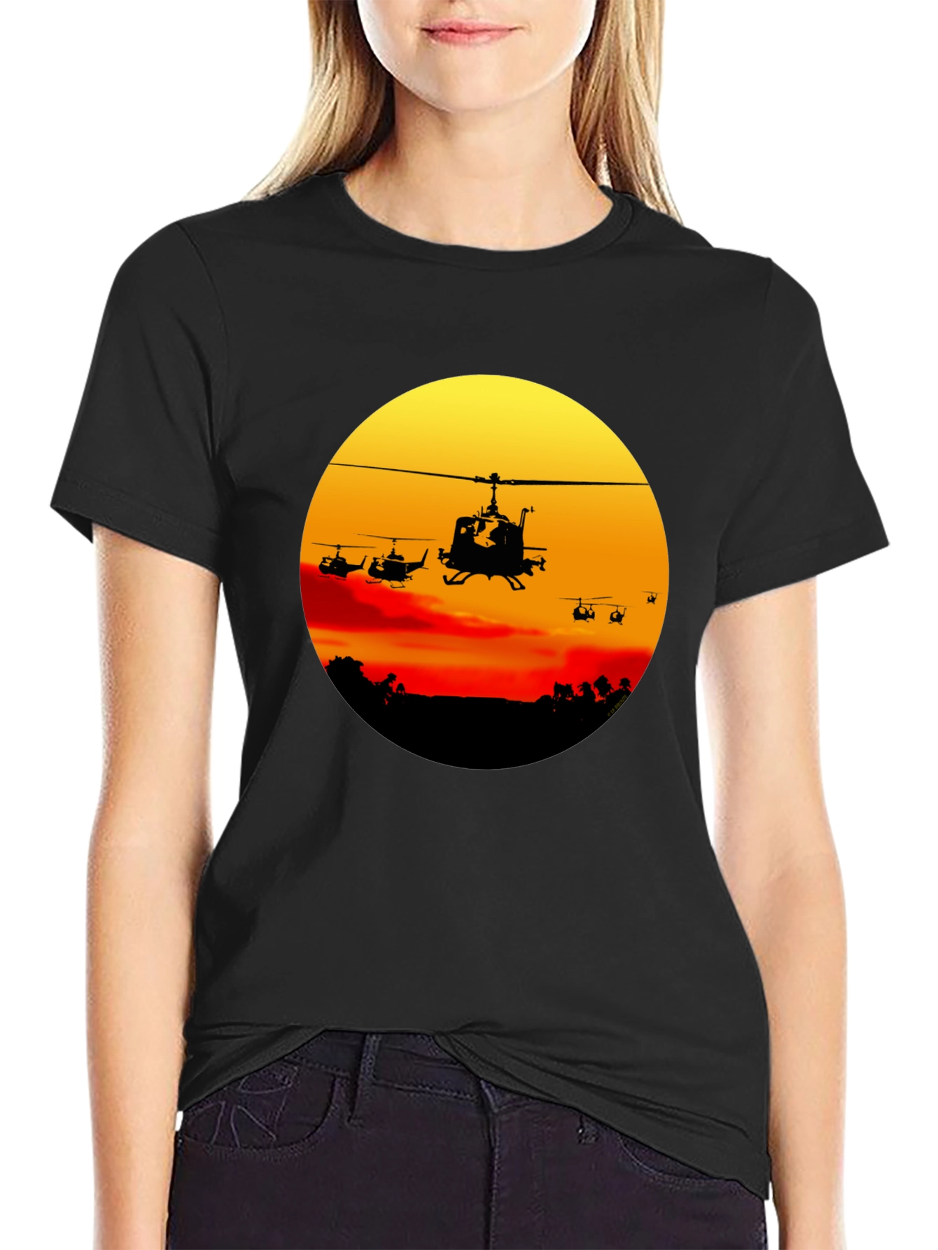 Black Retro Helicopter Sunset Graphic T-Shirt view 2