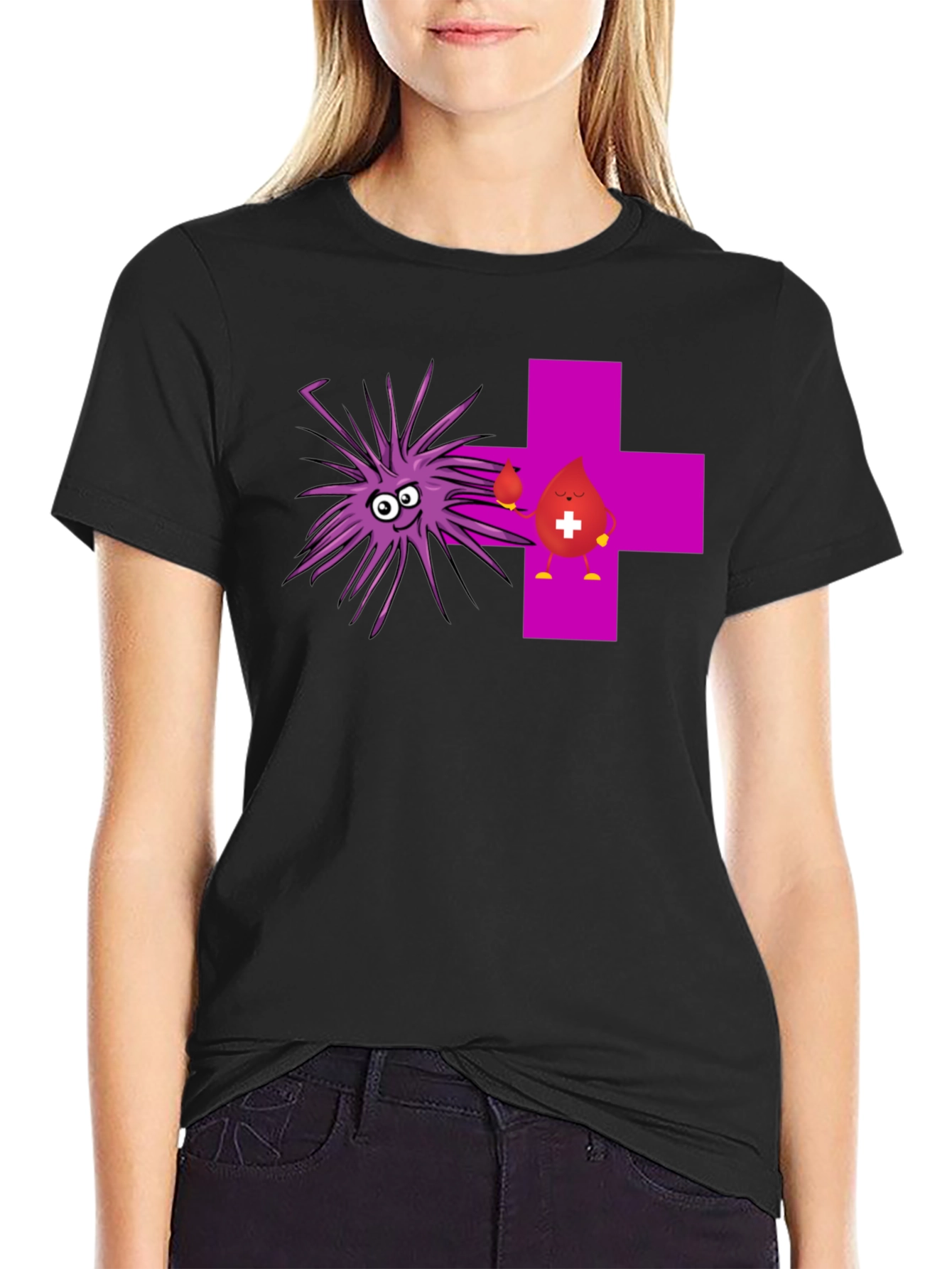 Black Funny Black T-Shirt with Cartoon Germs and Blood Drop view 2