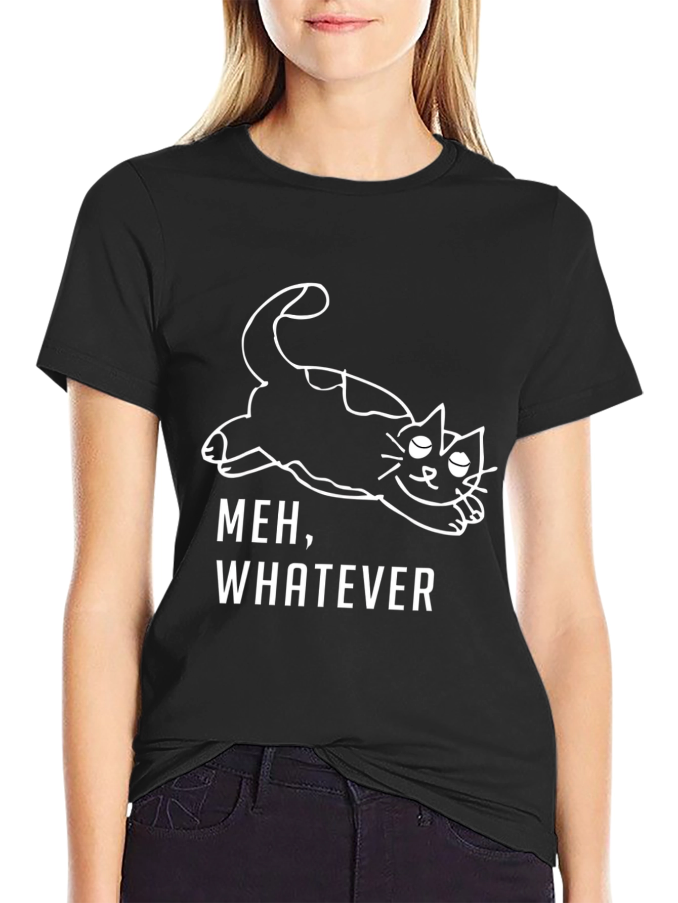 Black Meh, Whatever Cat T-Shirt - Black Cotton Graphic Tee view 2