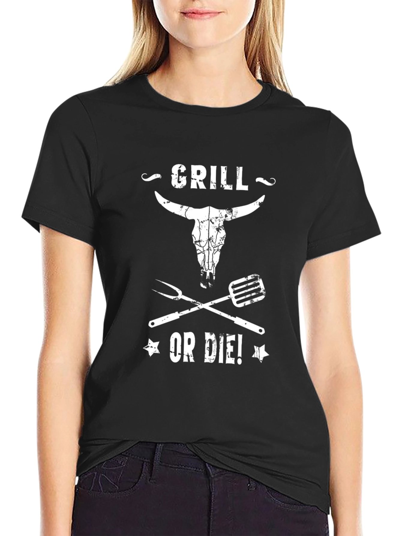 Black Grill Or Die T-Shirt - BBQ Bull Skull Tee view 2