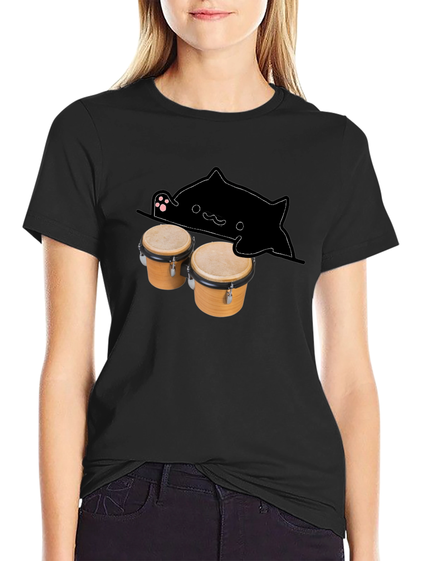 Black Bongo Cat Black T-Shirt - Musician Tee view 2