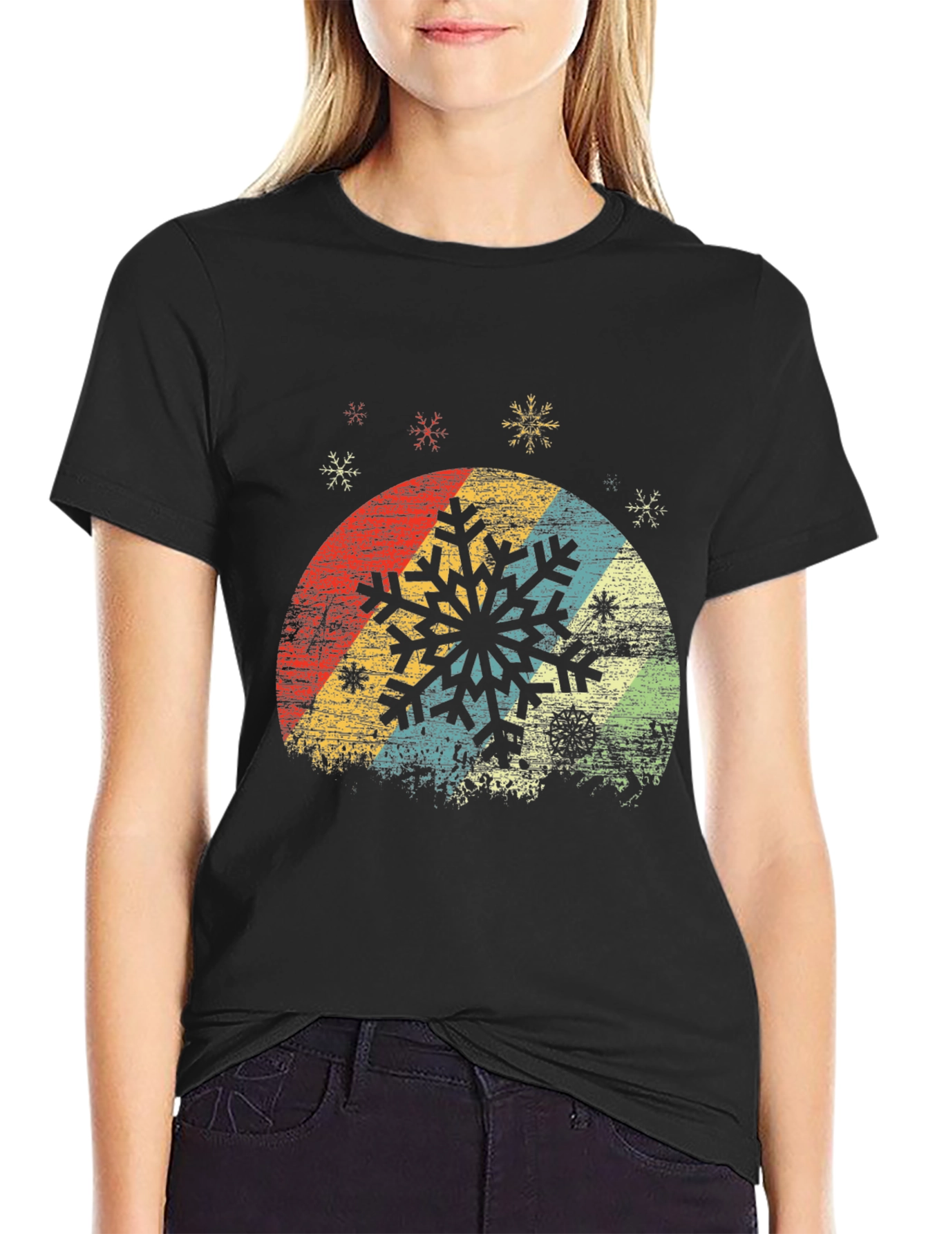 Black Retro Snowflake Graphic Tee - Vintage Winter Style view 2