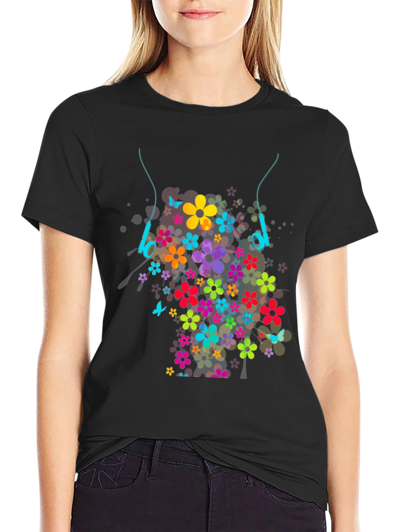 Black Floral Headphones Graphic T-Shirt view 2