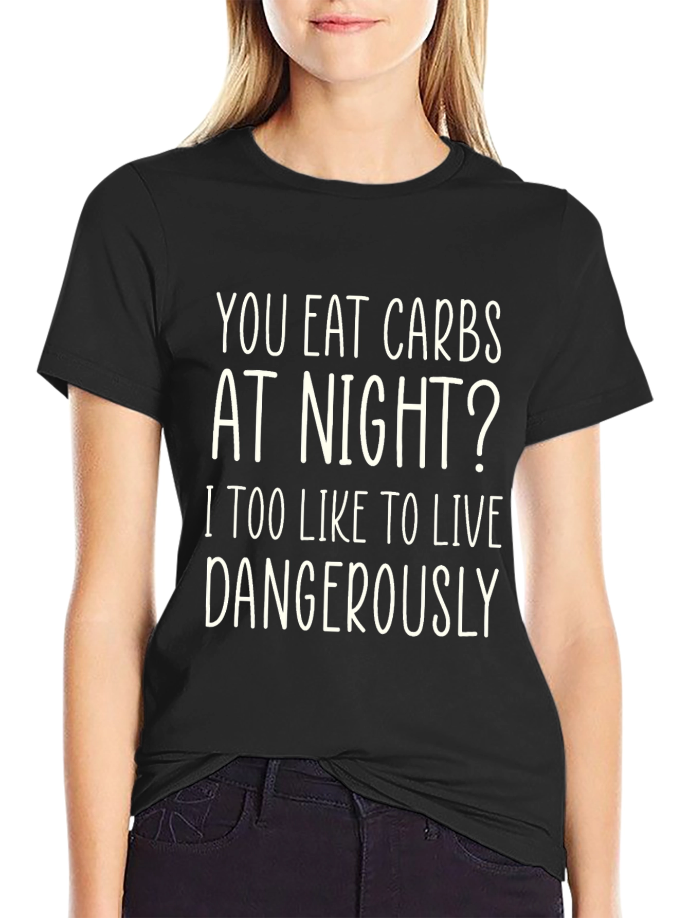 Black Funny 'You Eat Carbs at Night?' Graphic T-Shirt view 2