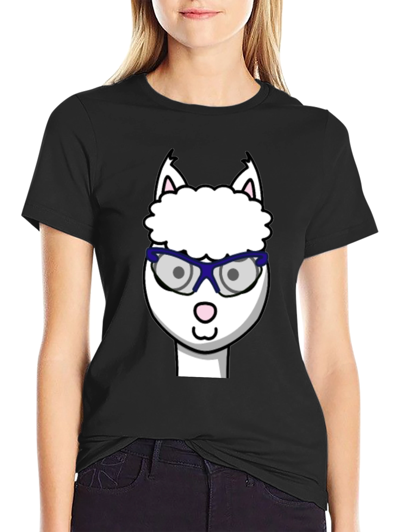 Black Alpaca with Glasses Graphic Tee - Funny Animal T-Shirt view 2